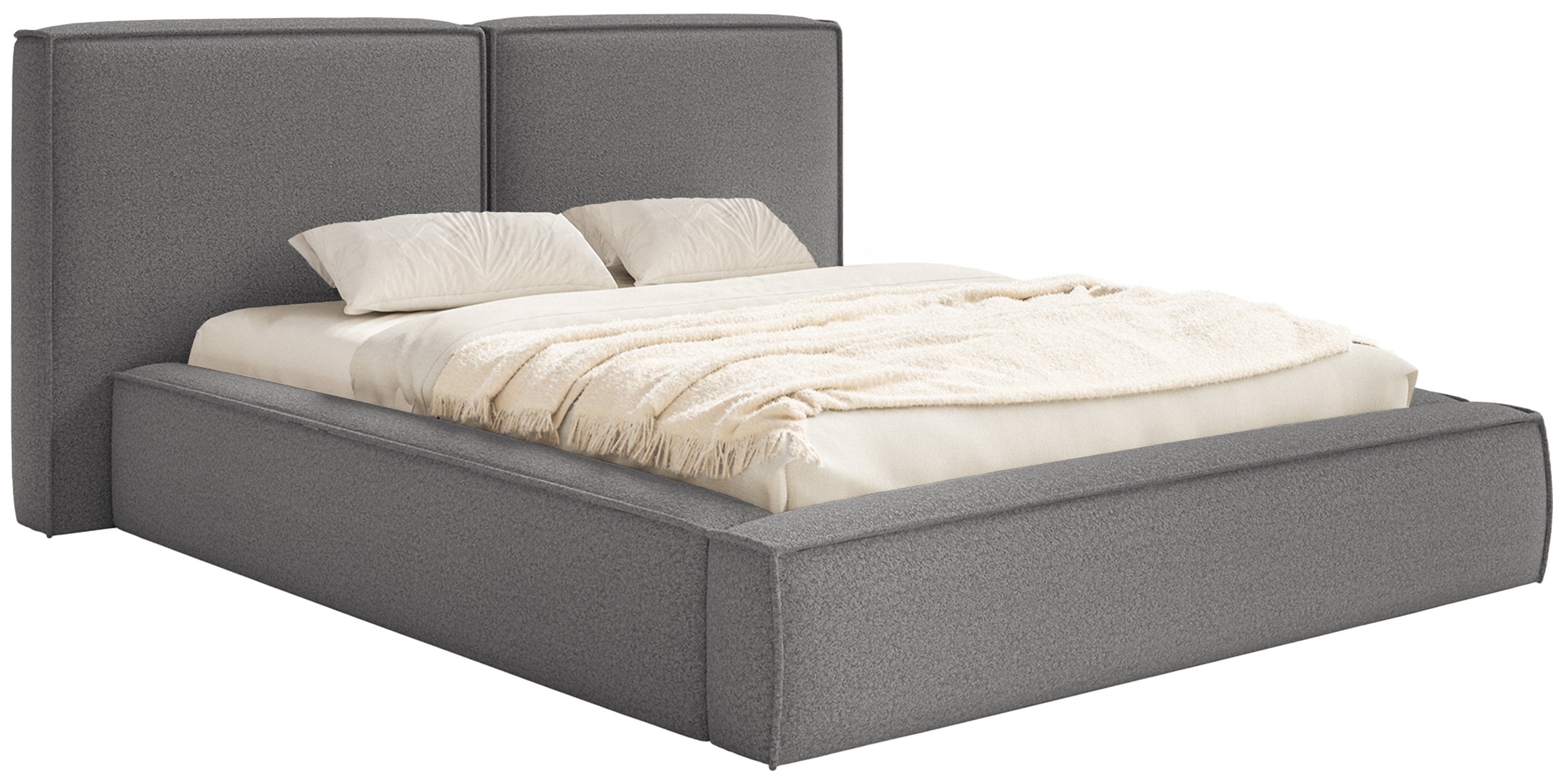 Gepolstertes Bett 200x200 cm Tilves mit Stauraum, Metallrahmen, dunkelgrauer Bouclé-Stoff