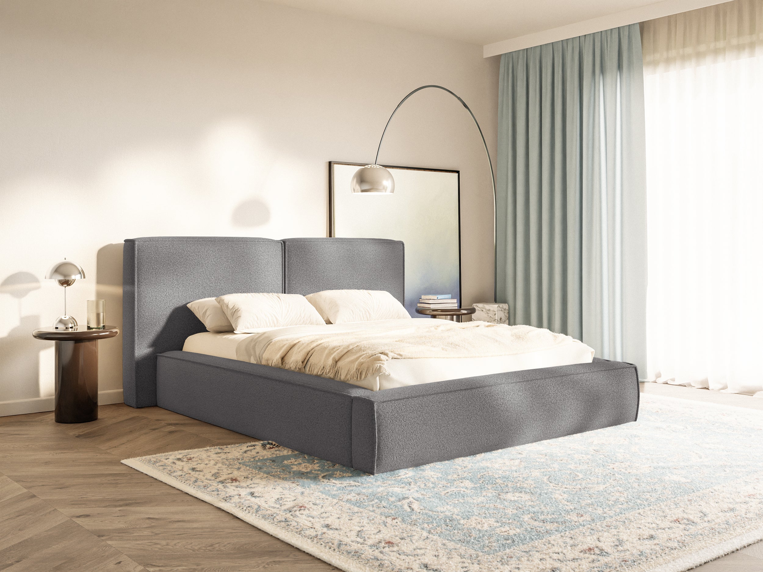 Gepolstertes Bett 200x200 cm Tilves mit Stauraum, Metallrahmen, dunkelgrauer Bouclé-Stoff