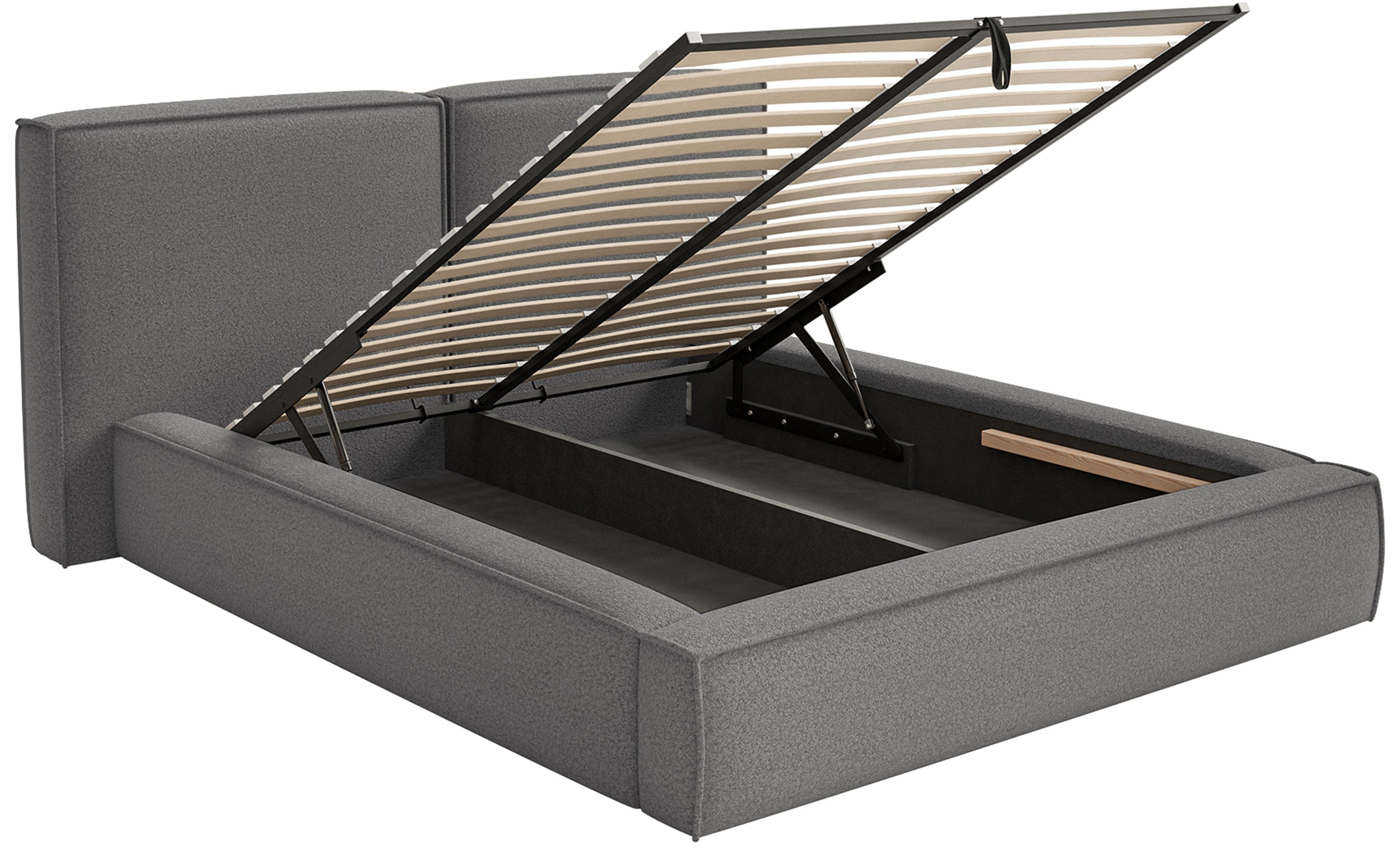 Gepolstertes Bett 200x200 cm Tilves mit Stauraum, Metallrahmen, dunkelgrauer Bouclé-Stoff