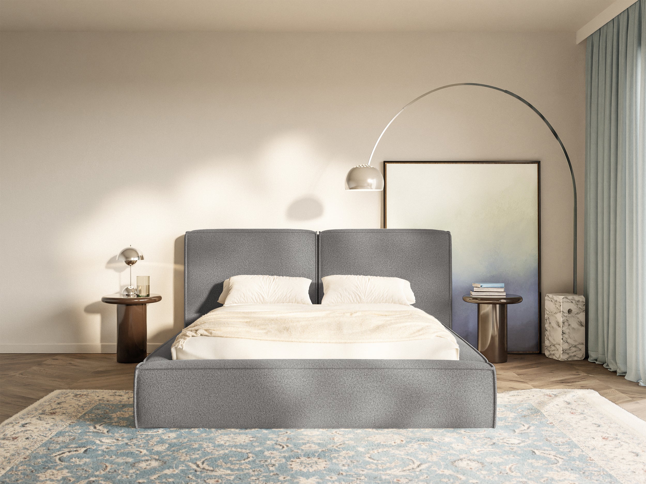 Gepolstertes Bett 200x200 cm Tilves mit Stauraum, Metallrahmen, dunkelgrauer Bouclé-Stoff