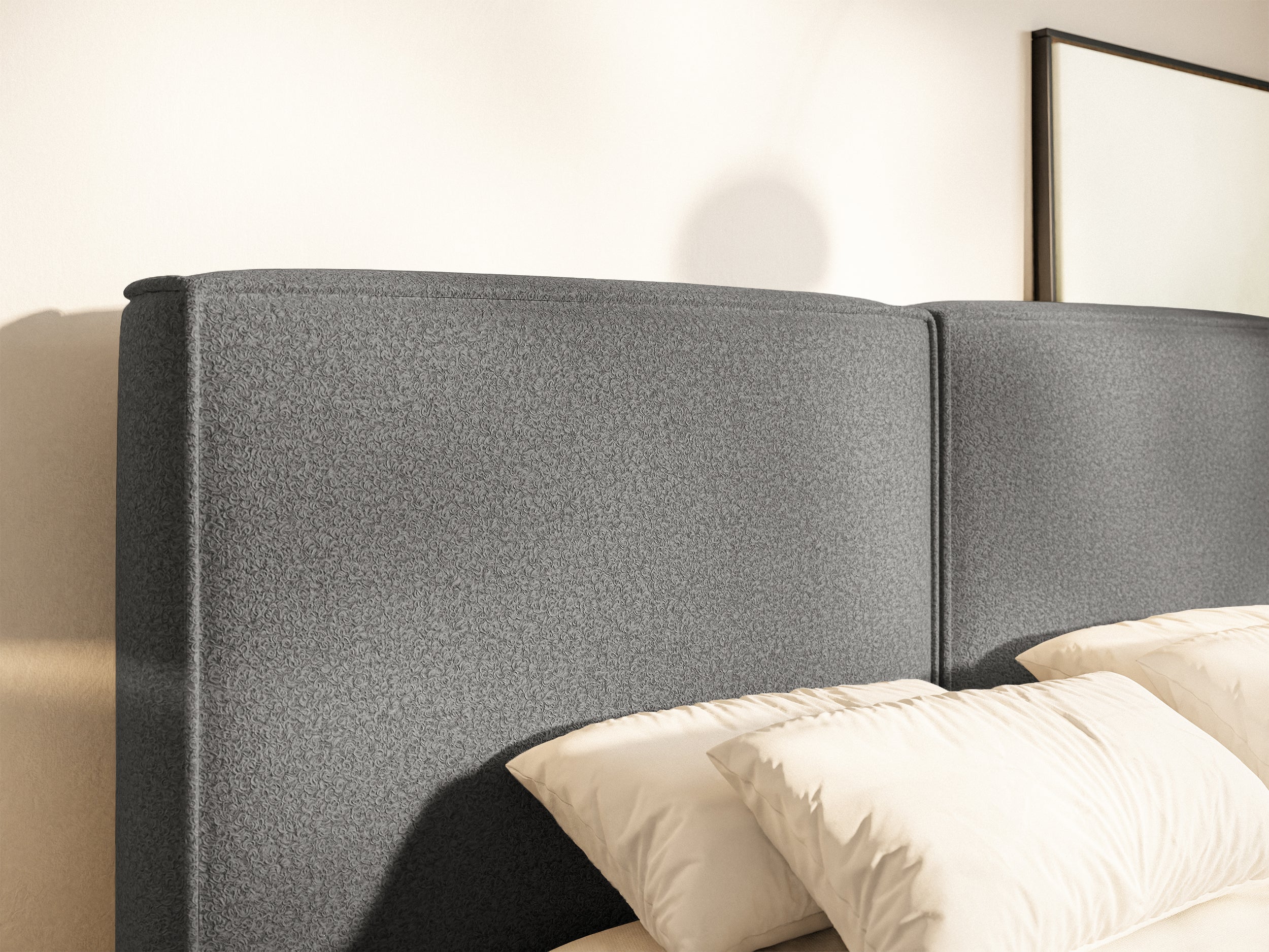 Gepolstertes Bett 200x200 cm Tilves mit Stauraum, Metallrahmen, dunkelgrauer Bouclé-Stoff