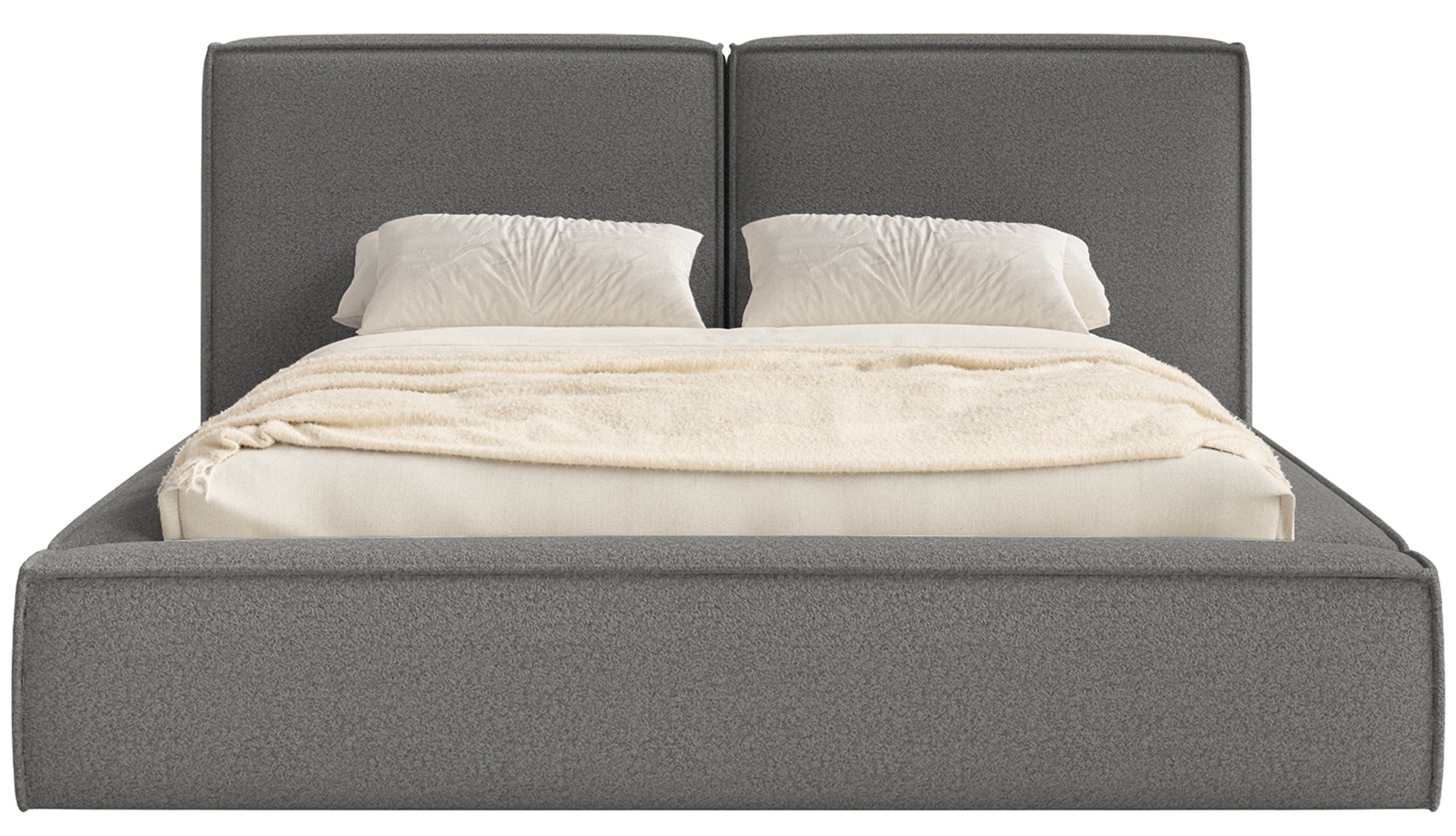 Gepolstertes Bett 200x200 cm Tilves mit Stauraum, Metallrahmen, dunkelgrauer Bouclé-Stoff