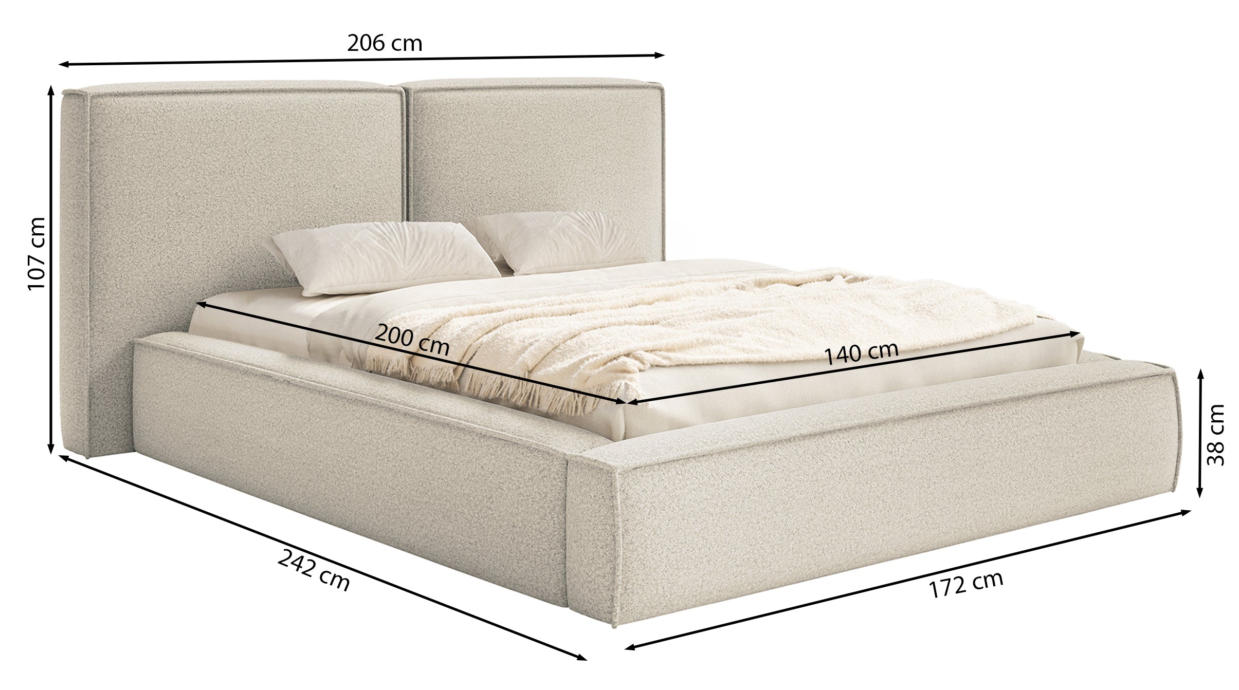 Polsterbett 140x200 cm Tilves mit Stauraum, Metallrahmen, olivfarbenes Bouclé