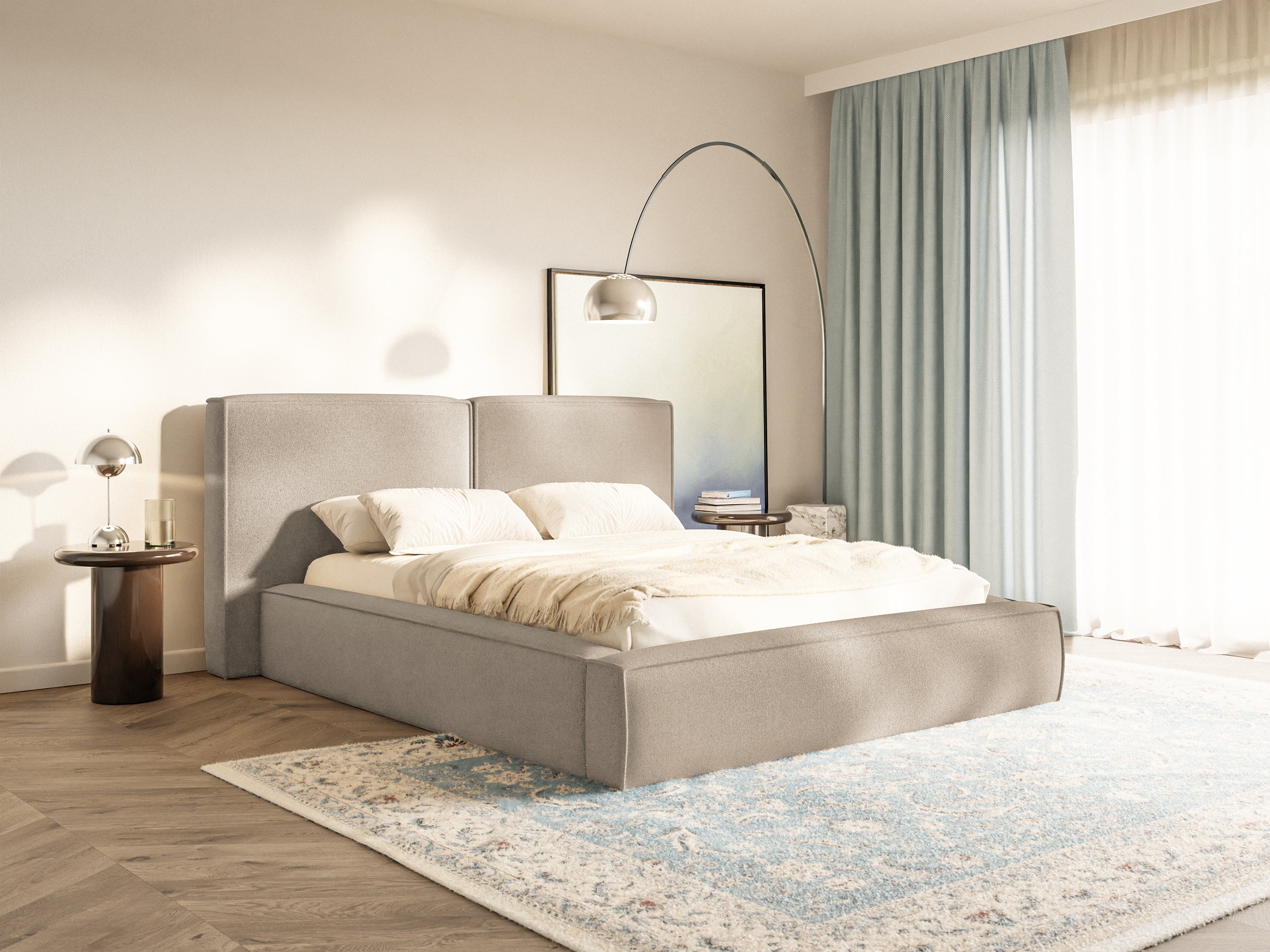Polsterbett 180x200 cm Tilves mit Stauraum, Metallrahmen, beige Chenille