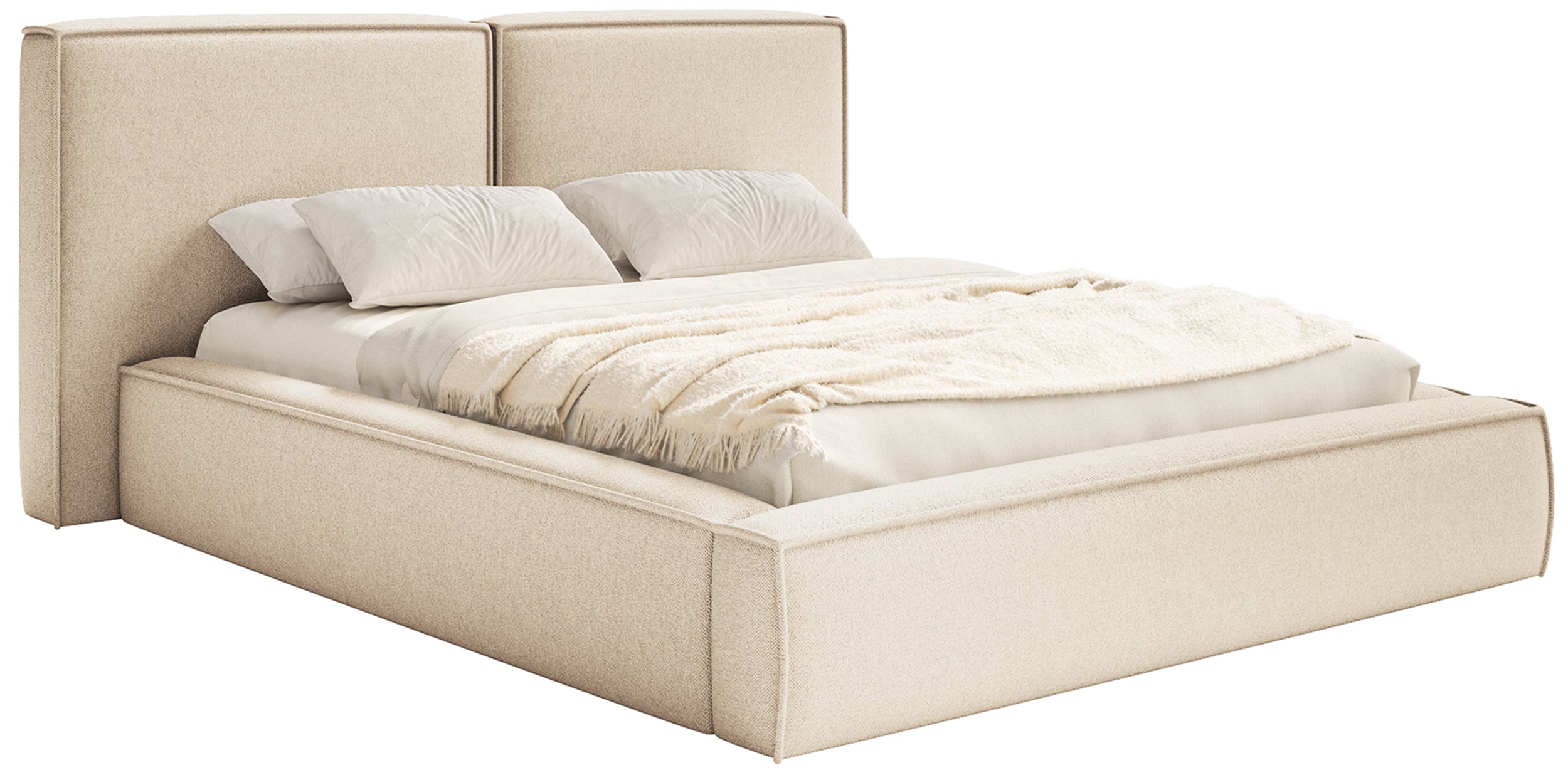 Gepolstertes Bett 200x200 cm Tilves mit Stauraum, Metallrahmen, hellbeiger Chenille