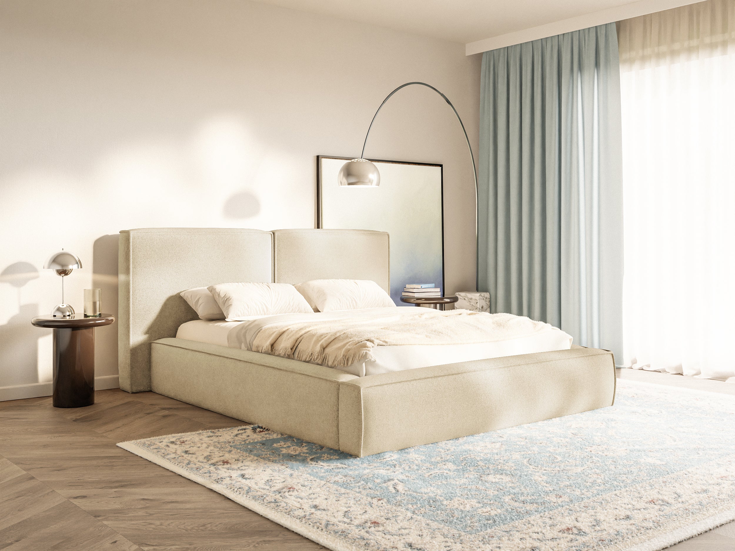 Gepolstertes Bett 200x200 cm Tilves mit Stauraum, Metallrahmen, hellbeiger Chenille