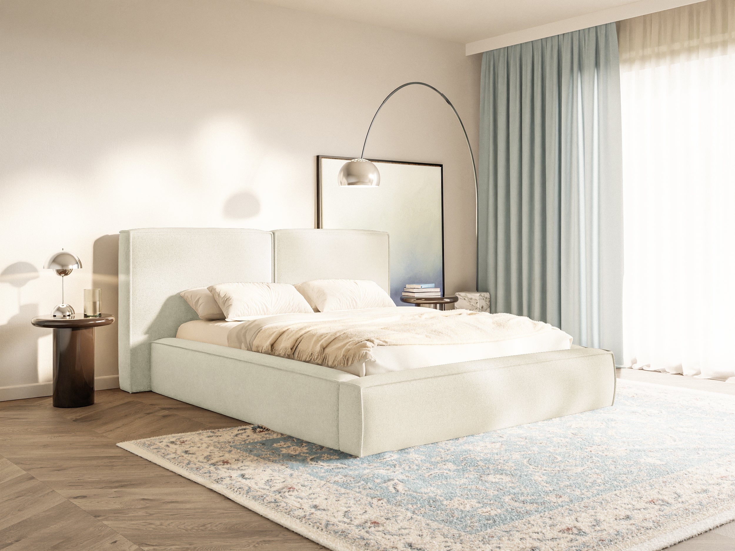 Polsterbett 200x200 cm Tilves mit Stauraum, Metallrahmen, cremefarbenes Chenille