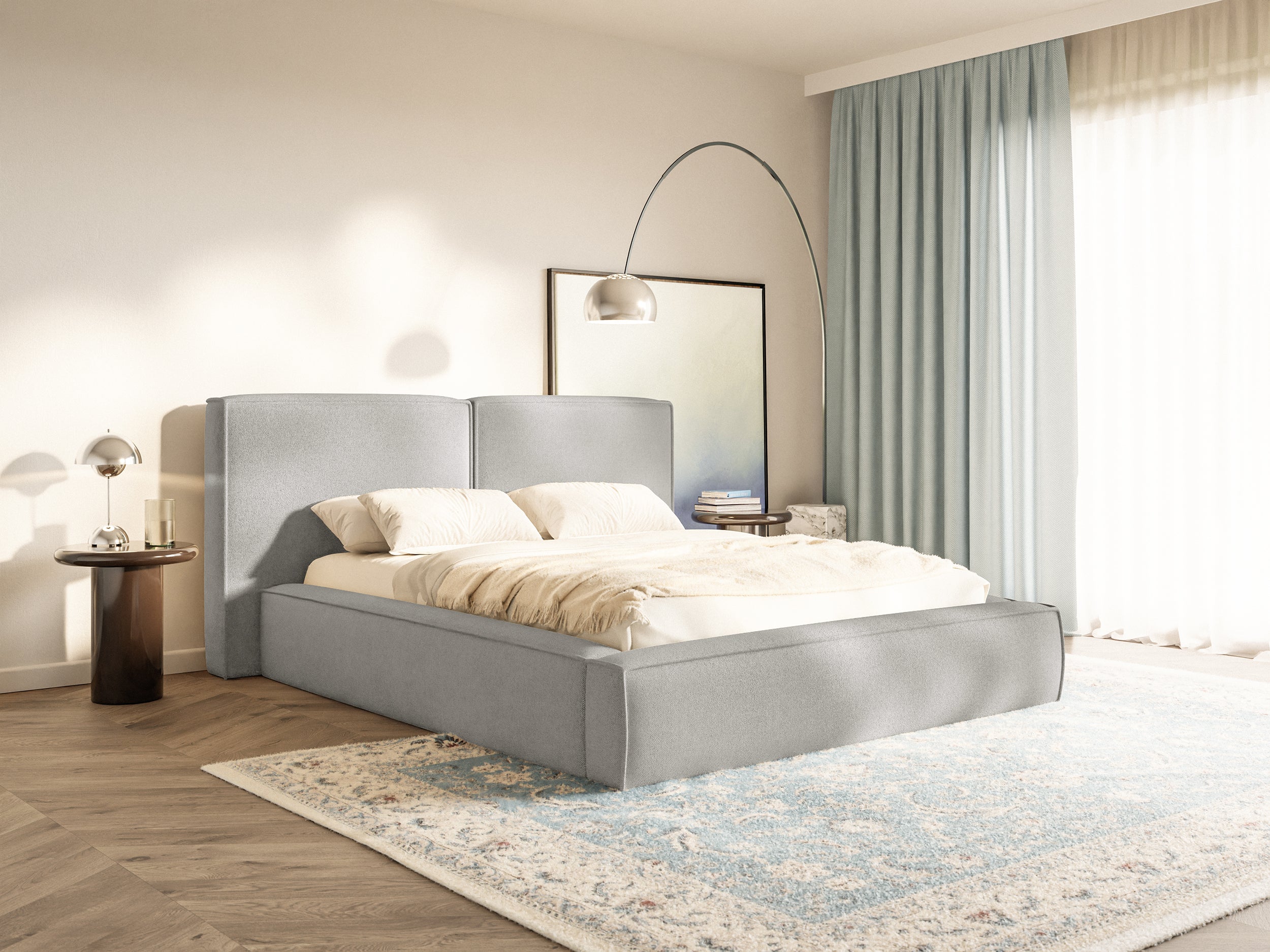 Polsterbett 200x200 cm Tilves mit Stauraum, Metallrahmen, hellgrauer Chenillestoff