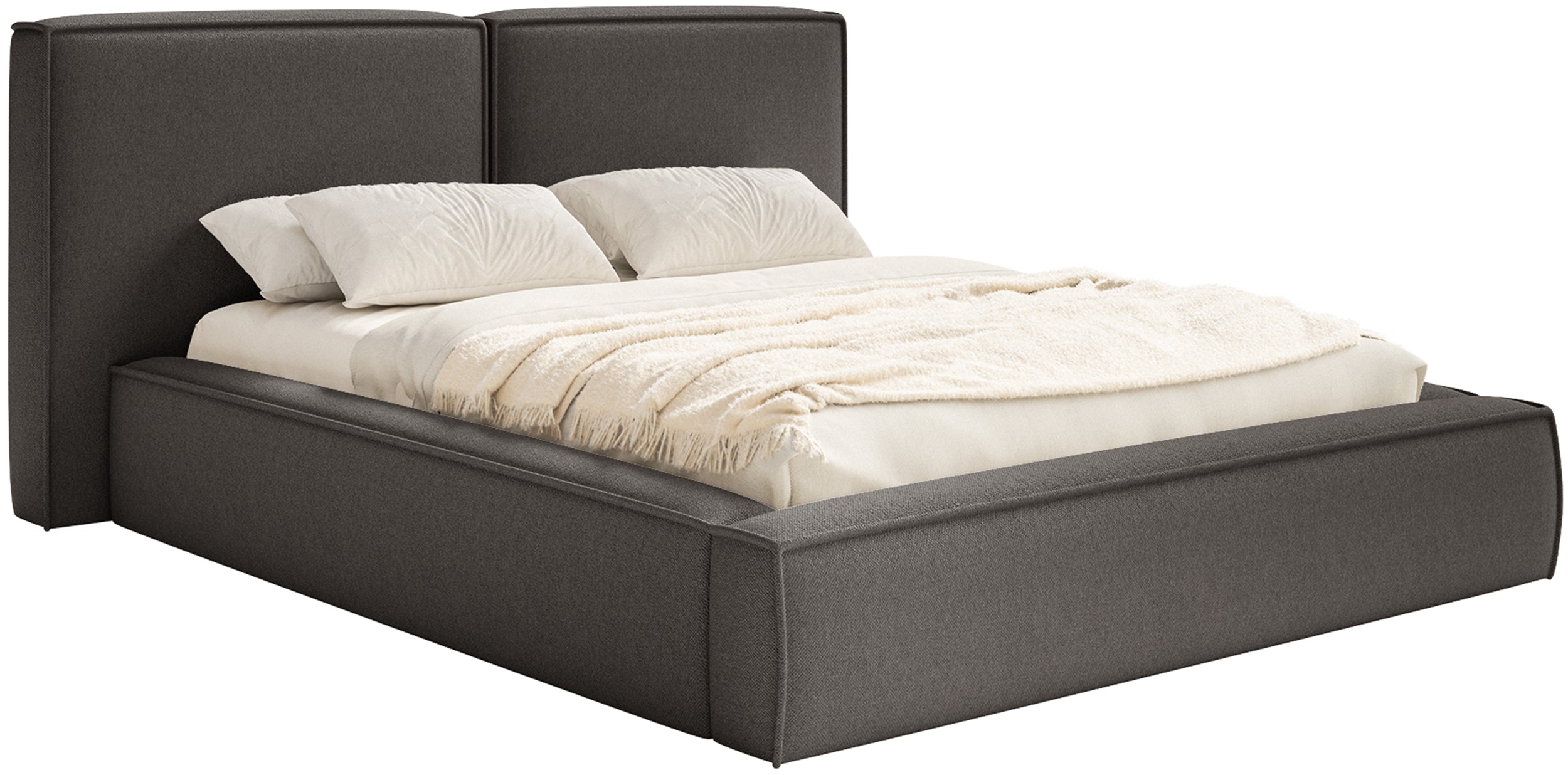 Gepolstertes Bett 200x200 cm Tilves mit Stauraum, Metallrahmen, graphitfarbenes Chenille