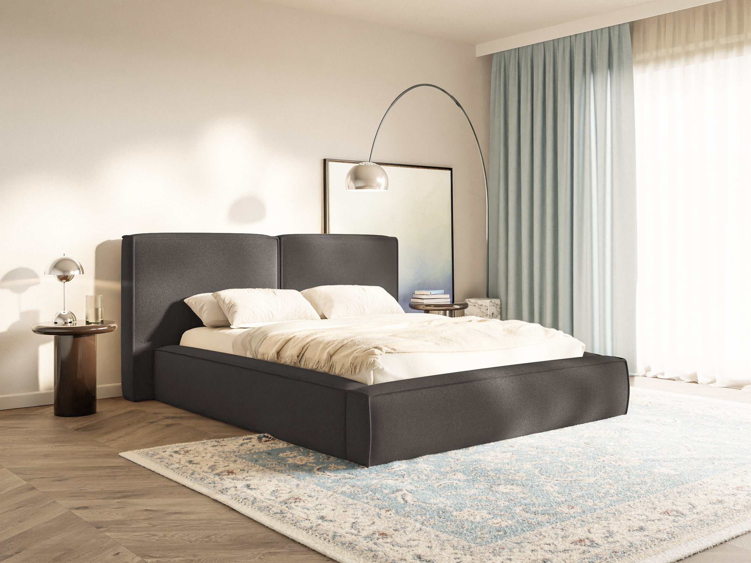 Gepolstertes Bett 200x200 cm Tilves mit Stauraum, Metallrahmen, graphitfarbenes Chenille