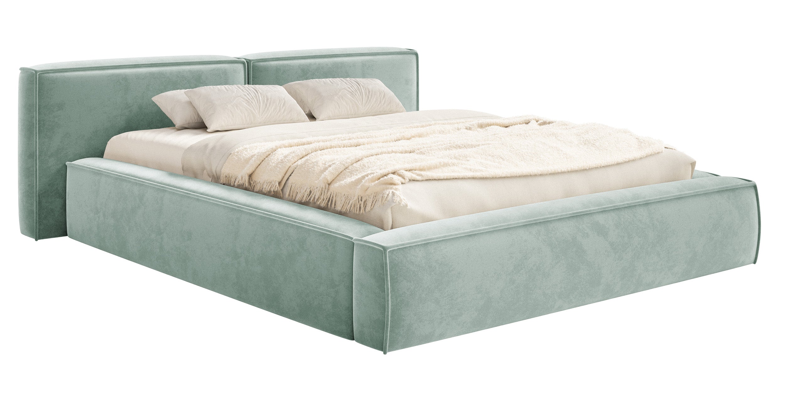 Gepolstertes Bett 200x200 cm Tilves Low mit Stauraum, Metallrahmen, salbeigrüner Samt