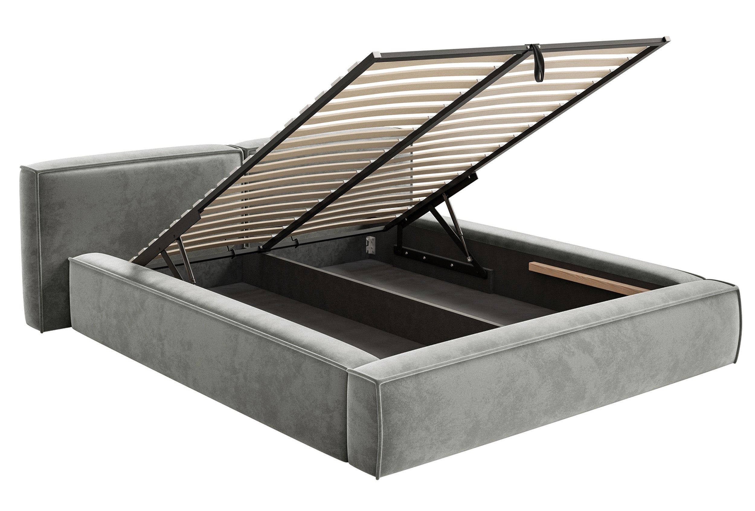 Gepolstertes Bett 160x200 cm Tilves Low mit Stauraum, Metallrahmen, grauer Samt