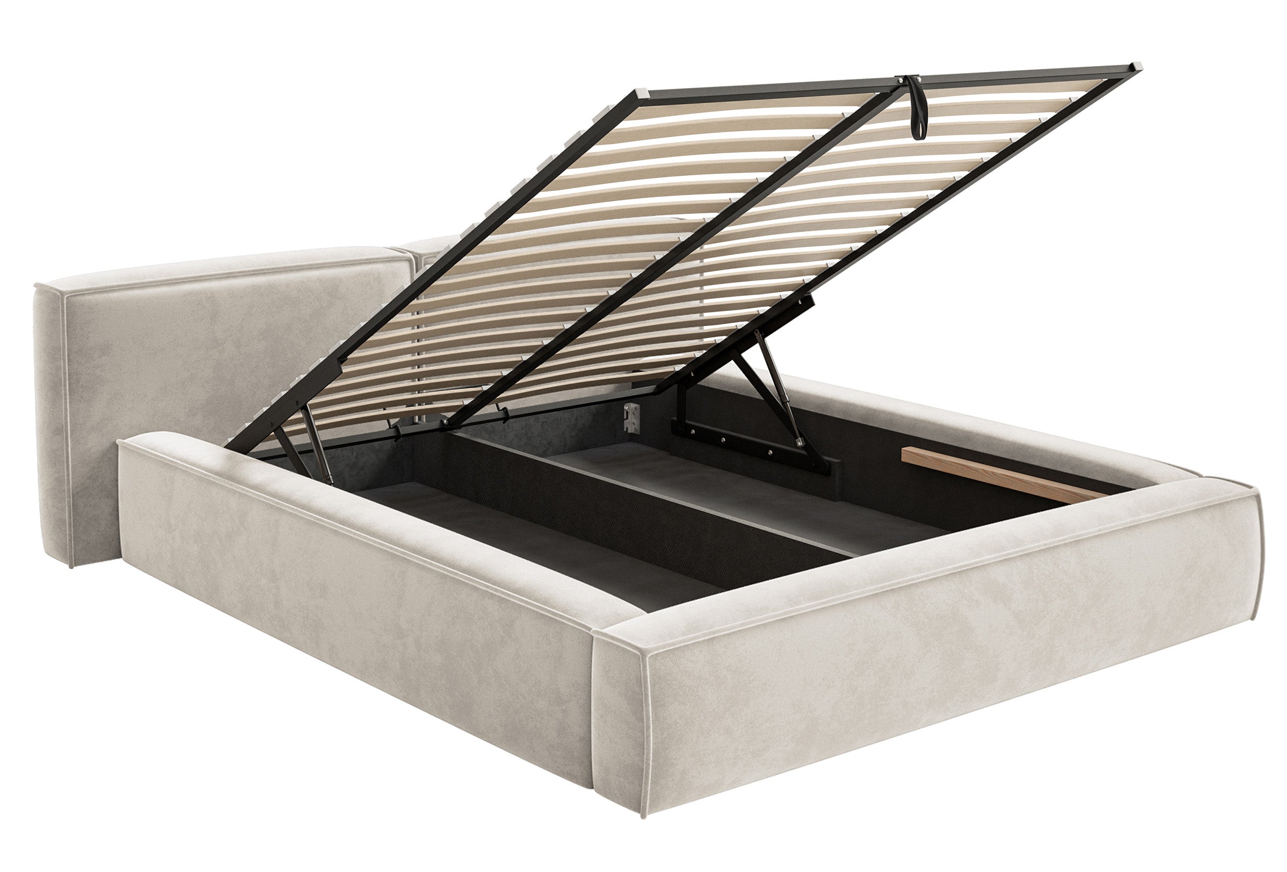 Polsterbett 200x200 cm Tilves Low mit Stauraum, Metallrahmen, grau-beiger Samt