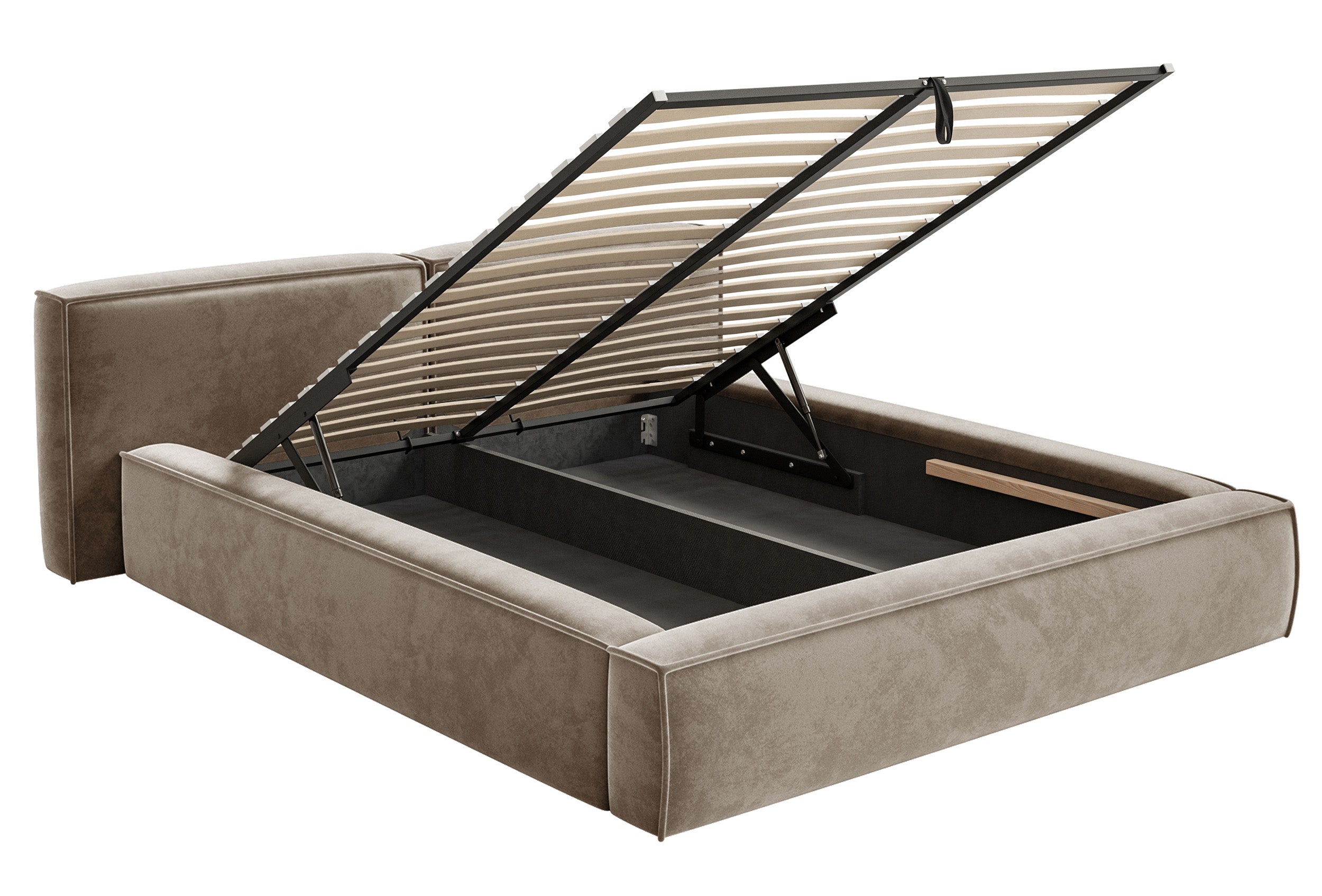 Polsterbett 140x200 cm Tilves Low mit Stauraum, Metallrahmen, hellbrauner Samt