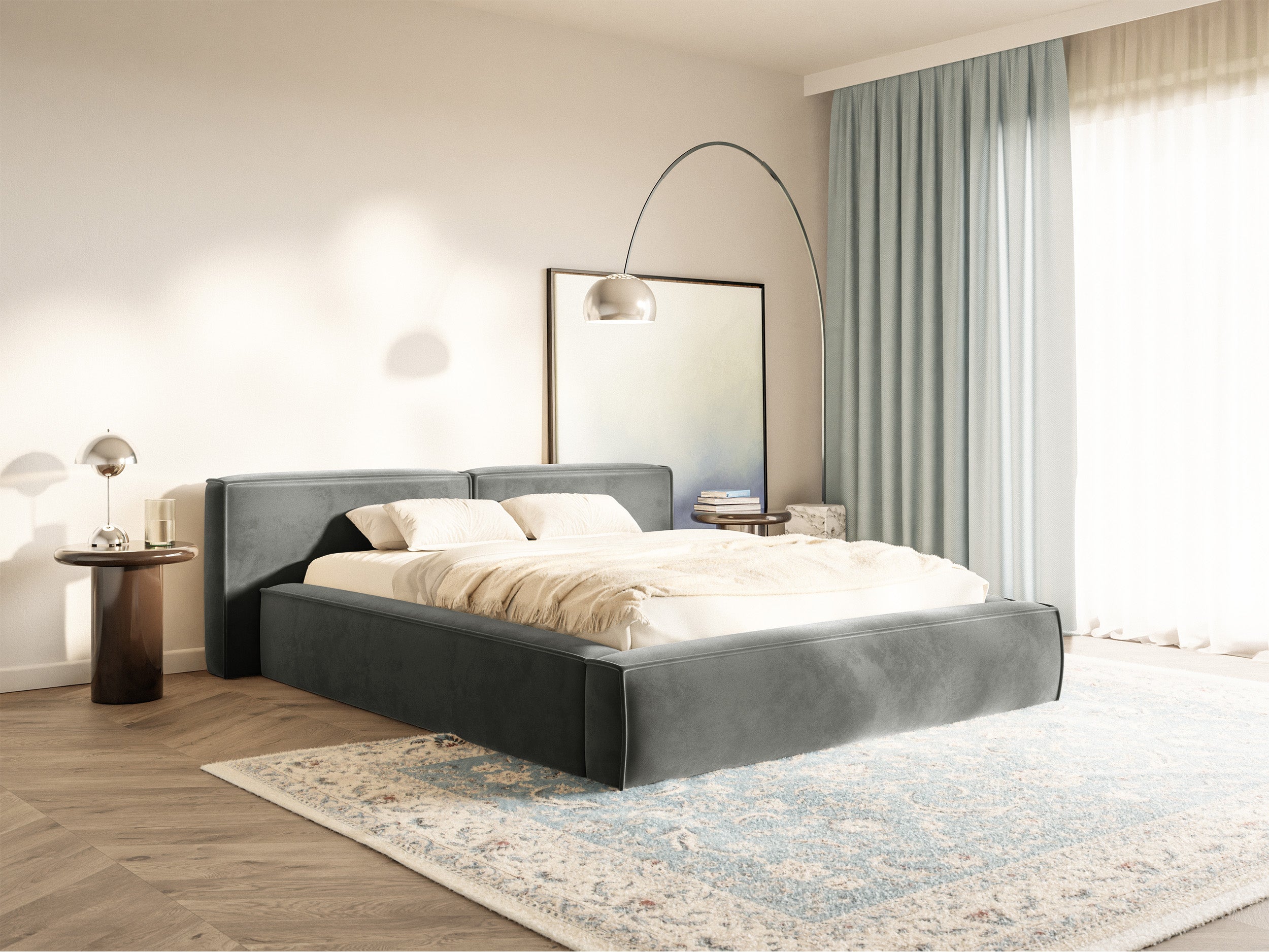 Gepolstertes Bett 160x200 cm Tilves Low mit Stauraum, Metallrahmen, grauer Samt