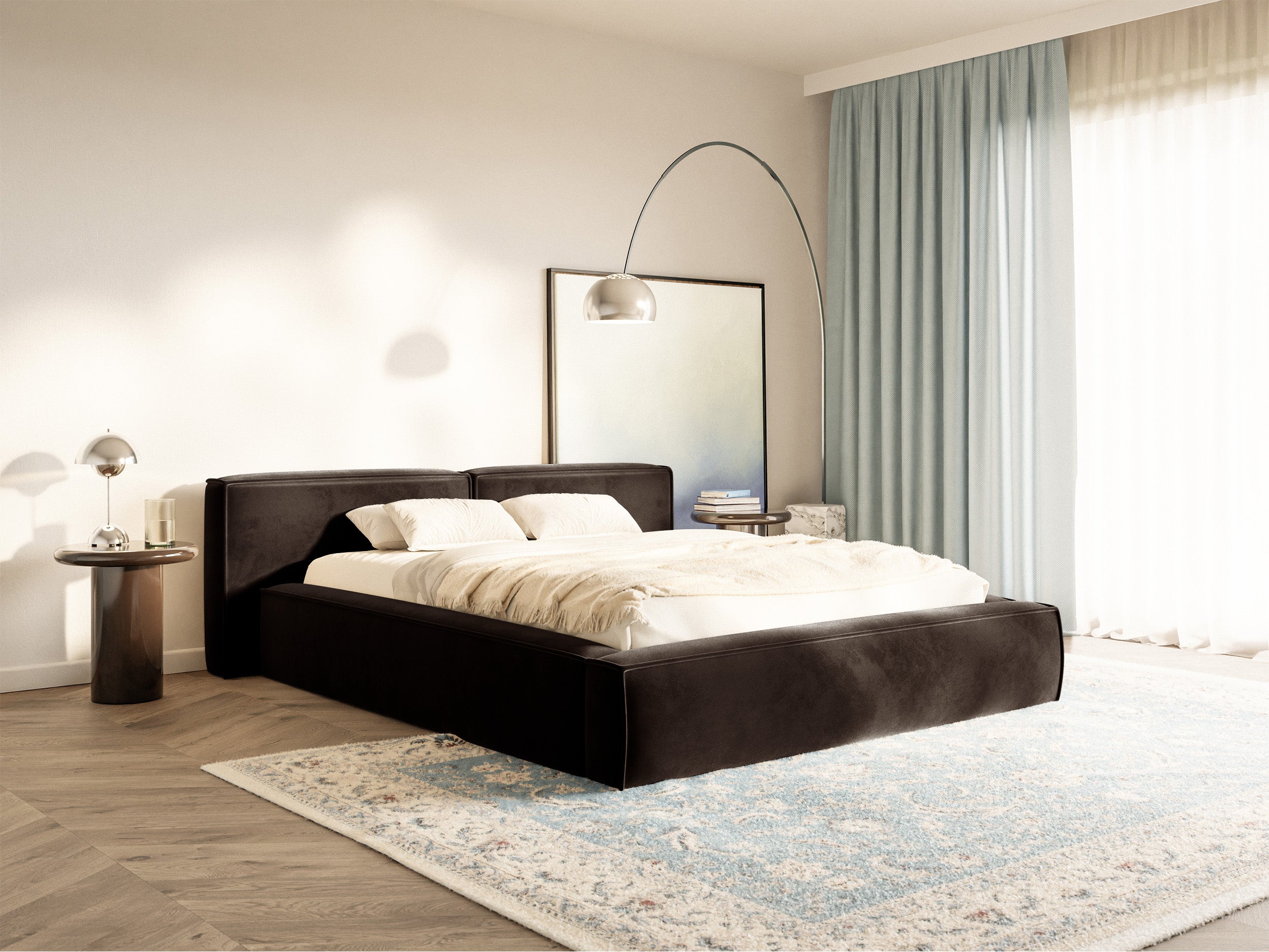 Polsterbett 200x200 cm Tilves Low mit Stauraum, Metallrahmen, brauner Samt