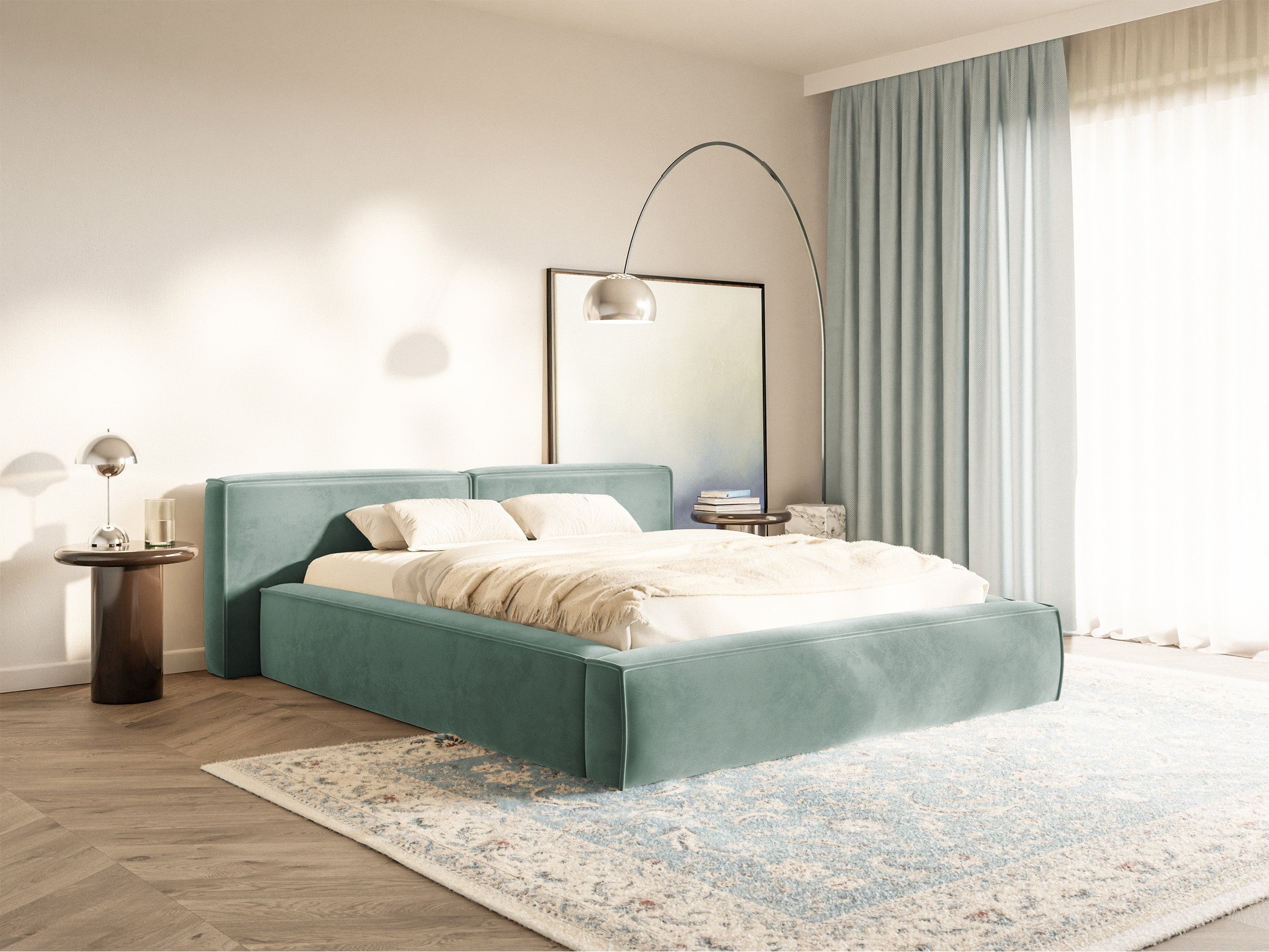 Gepolstertes Bett 200x200 cm Tilves Low mit Stauraum, Metallrahmen, salbeigrüner Samt