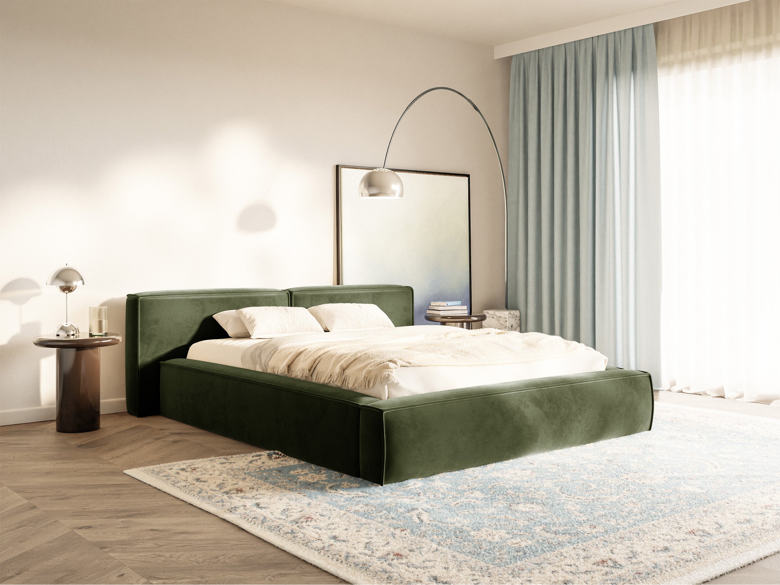 Polsterbett 200x200 cm Tilves Low mit Stauraum, Metallrahmen, olivgrüner Samtbezug
