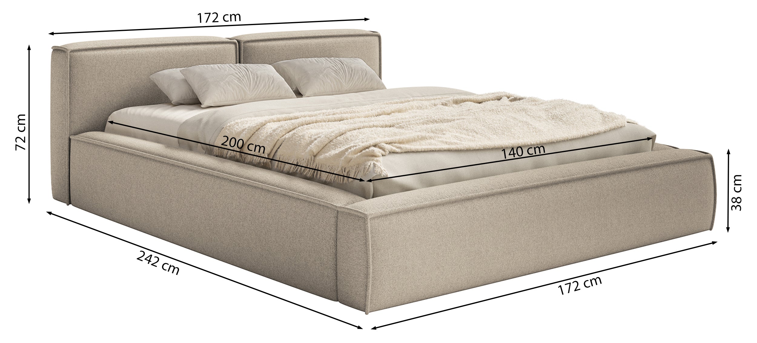 Polsterbett 140x200 cm Tilves Slim Low mit Stauraum, Metallrahmen, hellgrauer Chenille-Stoff