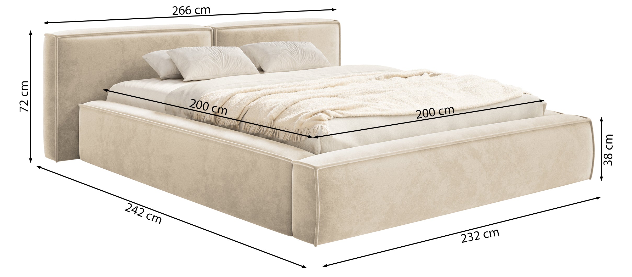 Polsterbett 200x200 cm Tilves Low mit Stauraum, Metallrahmen, grauer Samt