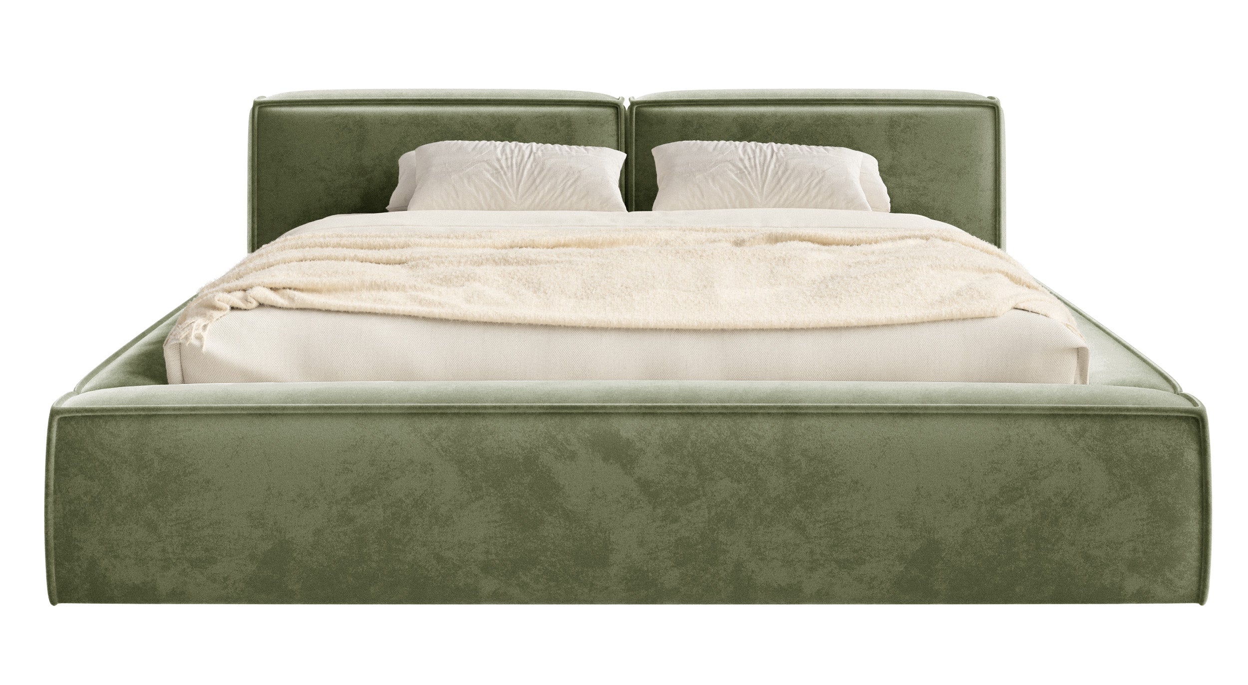 Gepolstertes Bett 160x200 cm Tilves Slim Low mit Stauraum, Metallrahmen, olivgrüner Samt