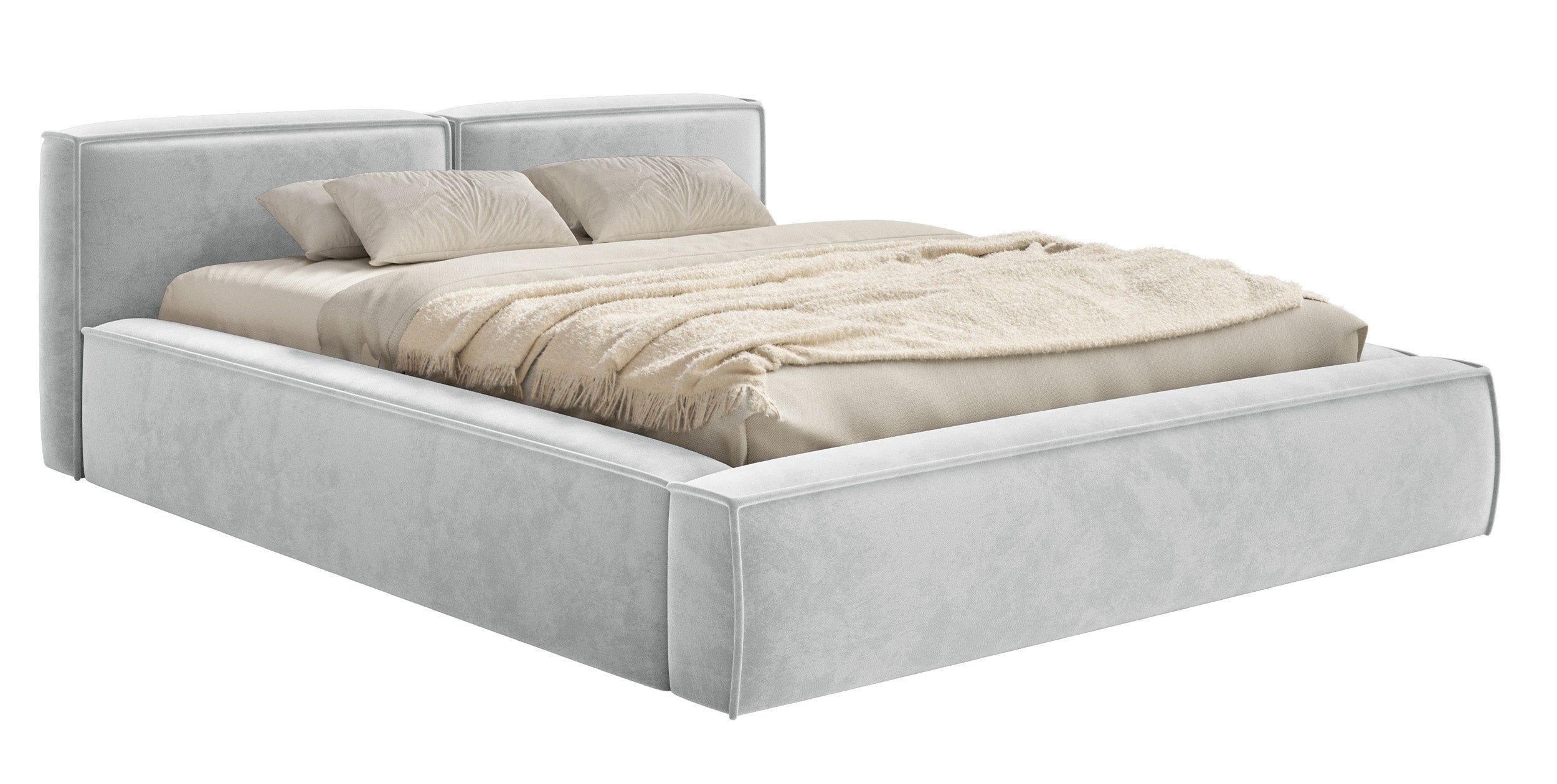 Polsterbett 180x200 cm Tilves Slim Low mit Stauraum, Metallrahmen, hellgrauer Samt