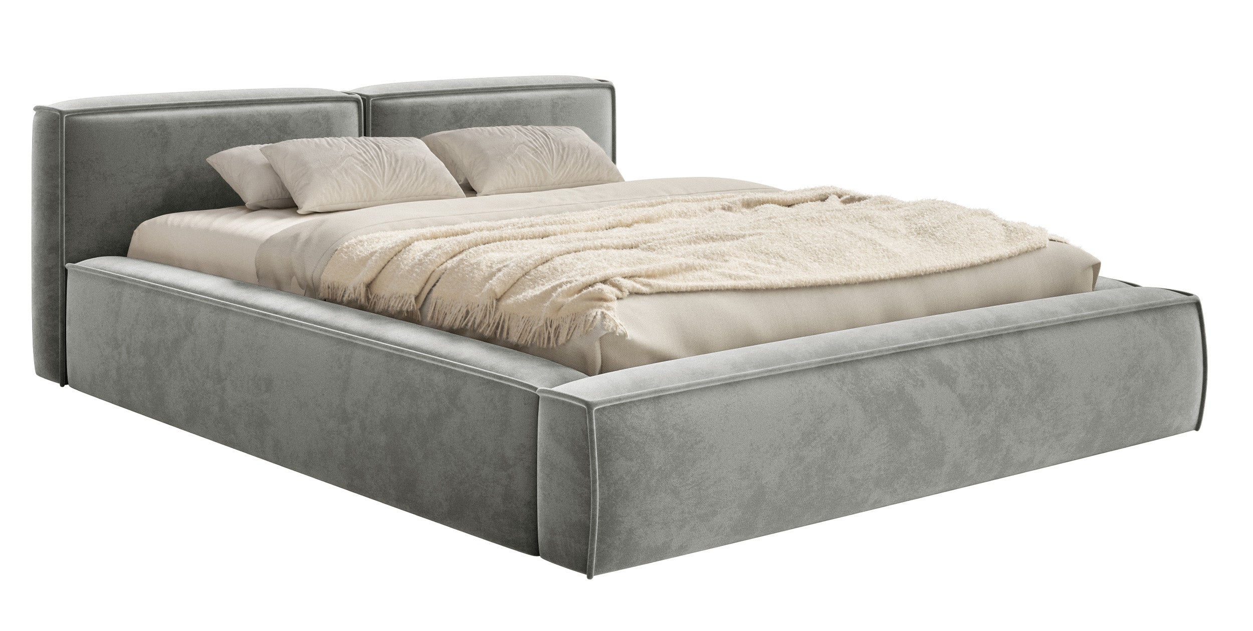 Polsterbett 180x200 cm Tilves Slim Low mit Stauraum, Metallrahmen, grauer Samt
