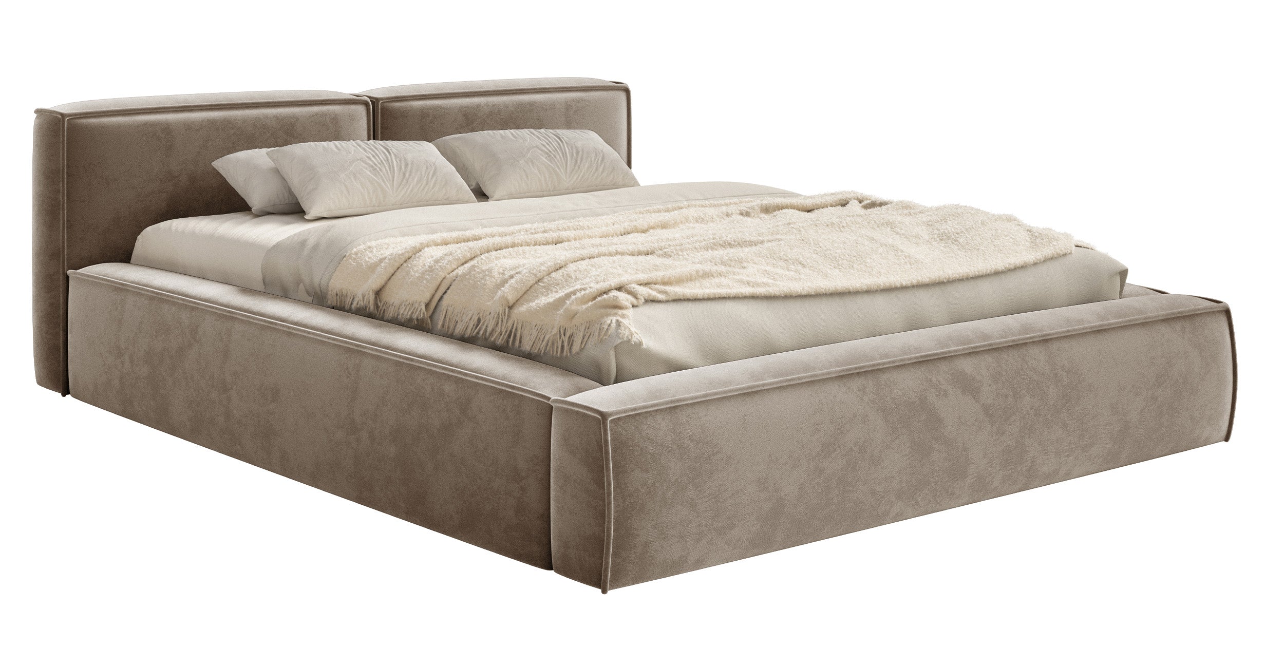 Polsterbett 140x200 cm Tilves Slim Low mit Stauraum, Metallrahmen, hellbrauner Samt