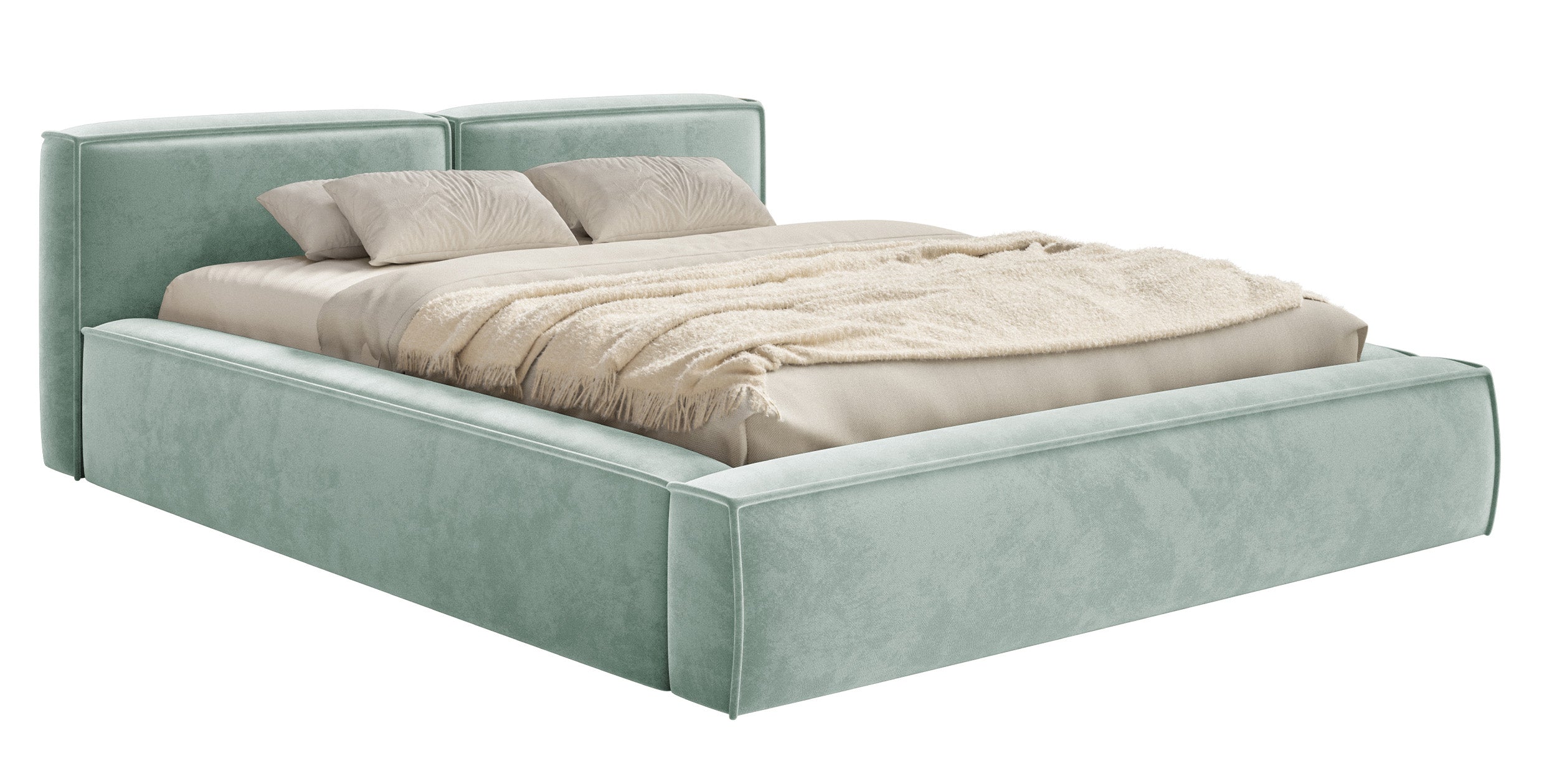 Polsterbett 200x200 cm Tilves Slim Low mit Stauraum, Metallrahmen, salbeigrüner Samt