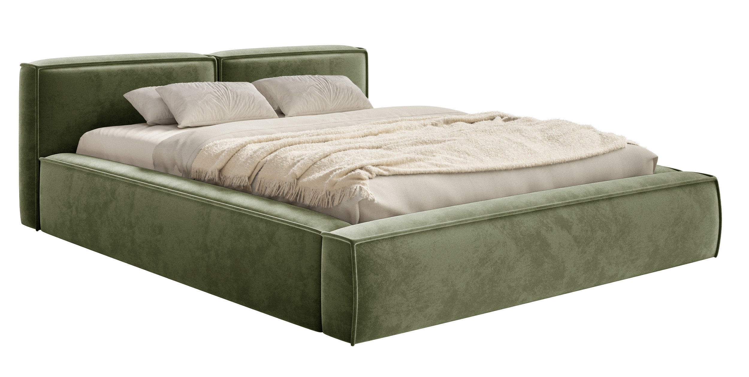 Polsterbett 180x200 cm Tilves Slim Low mit Stauraum, Metallrahmen, olivgrüner Samt