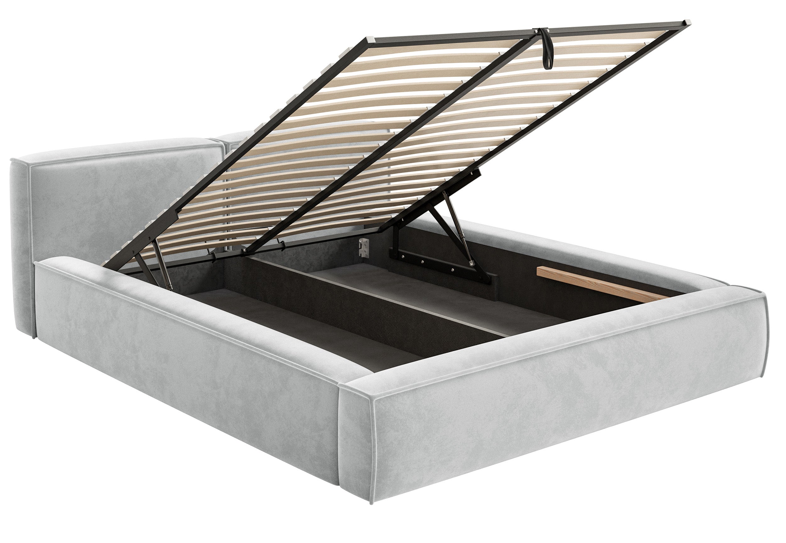 Polsterbett 140x200 cm Tilves Slim Low mit Stauraum, Metallrahmen, hellgrauer Samt