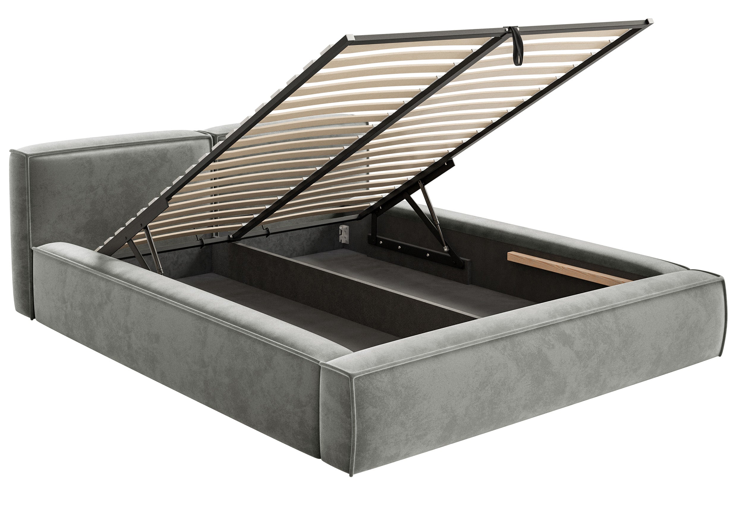Polsterbett 200x200 cm Tilves Slim Low mit Stauraum, Metallrahmen, grauer Samt