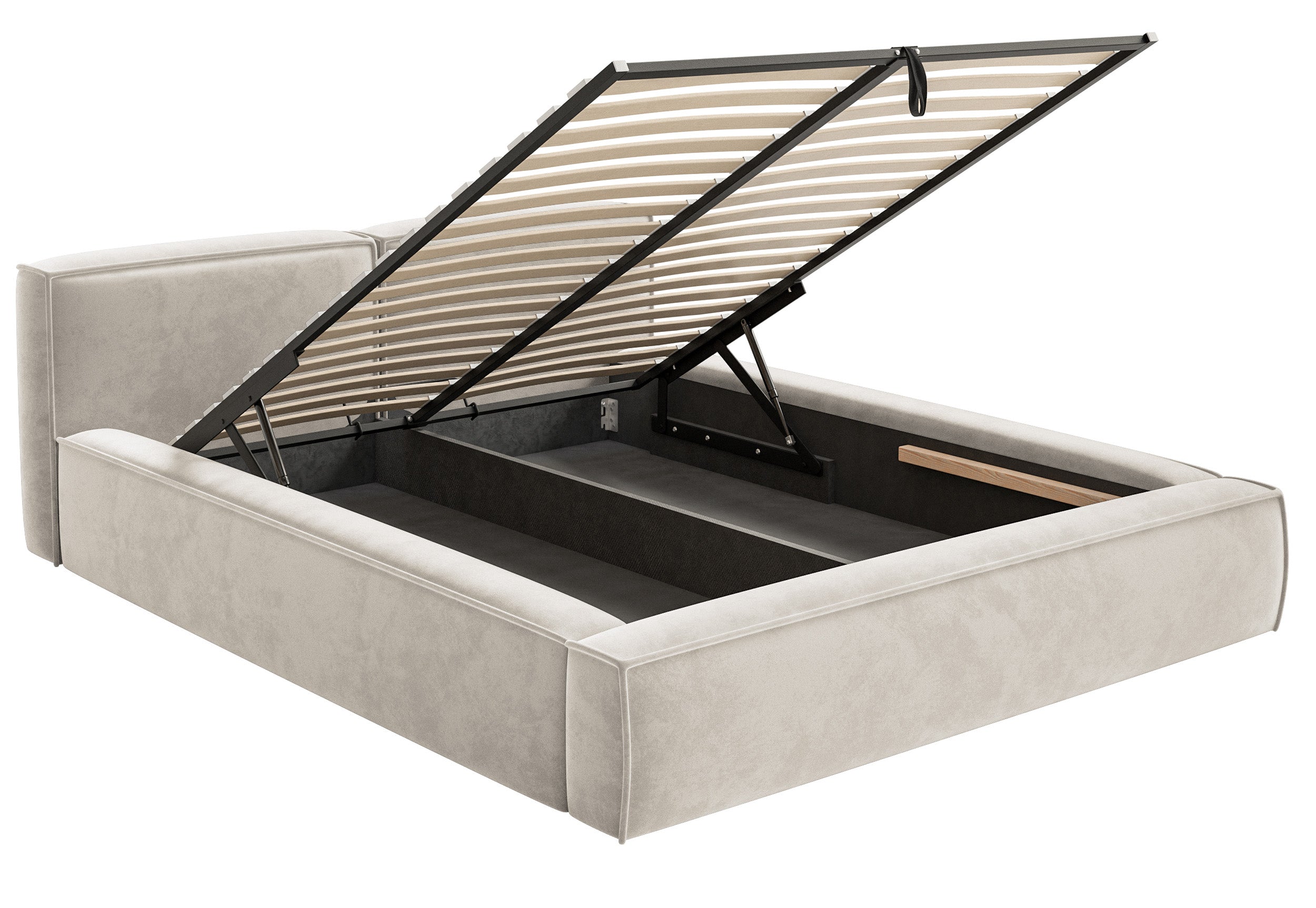 Polsterbett 180x200 cm Tilves Slim Low mit Stauraum, Metallrahmen, grau-beiger Samt