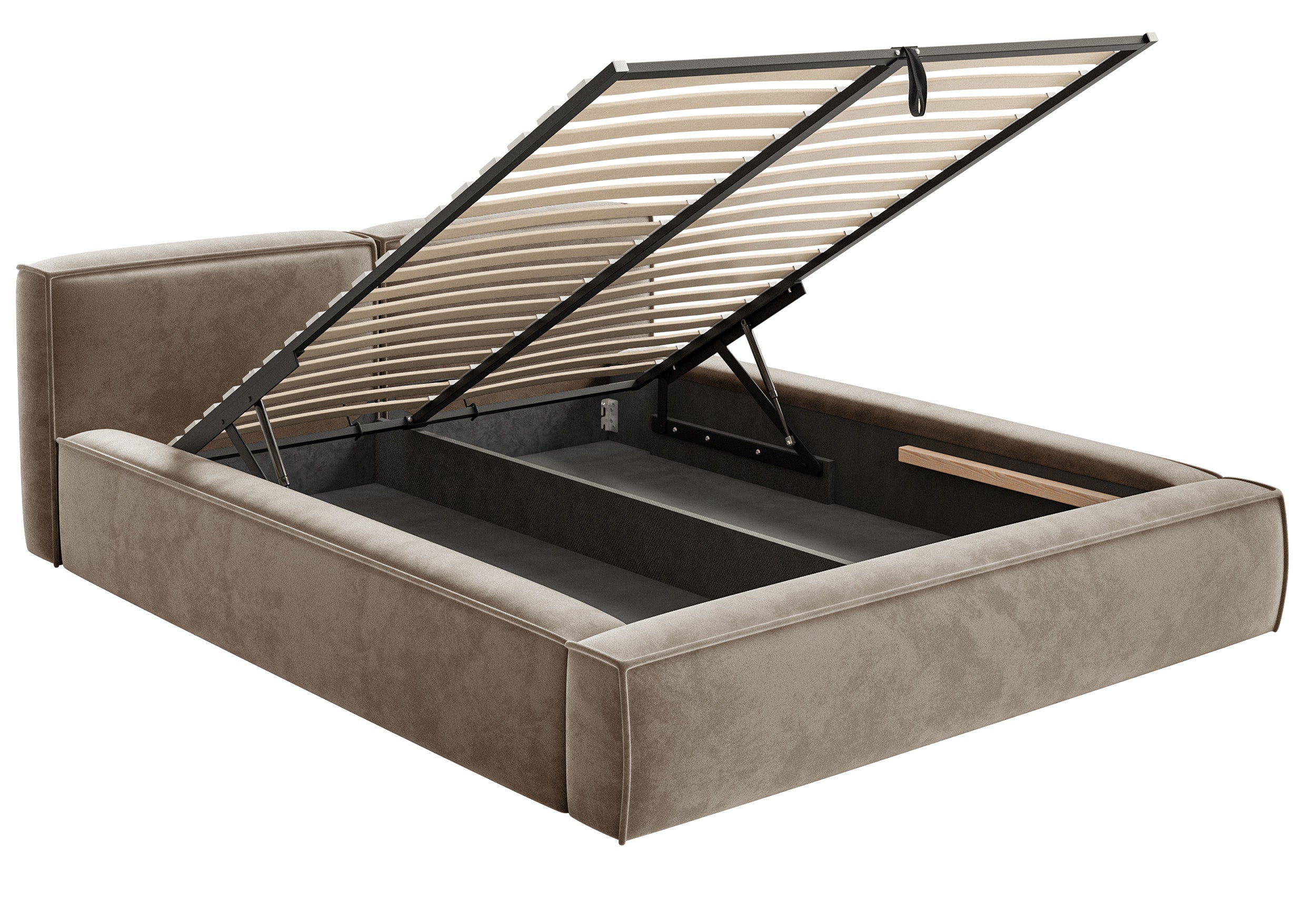 Polsterbett 140x200 cm Tilves Slim Low mit Stauraum, Metallrahmen, hellbrauner Samt