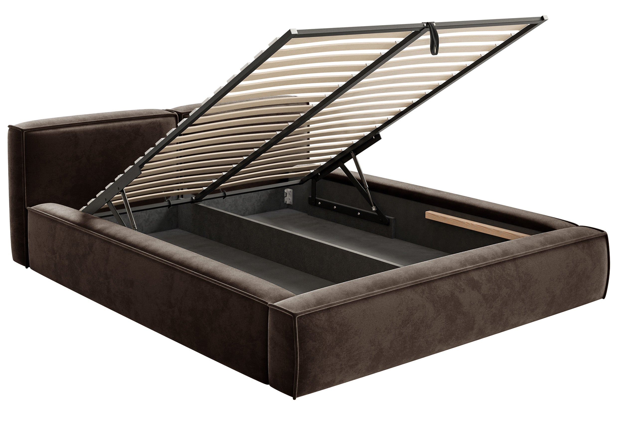 Polsterbett 140x200 cm Tilves Slim Low mit Stauraum, Metallrahmen, brauner Samt