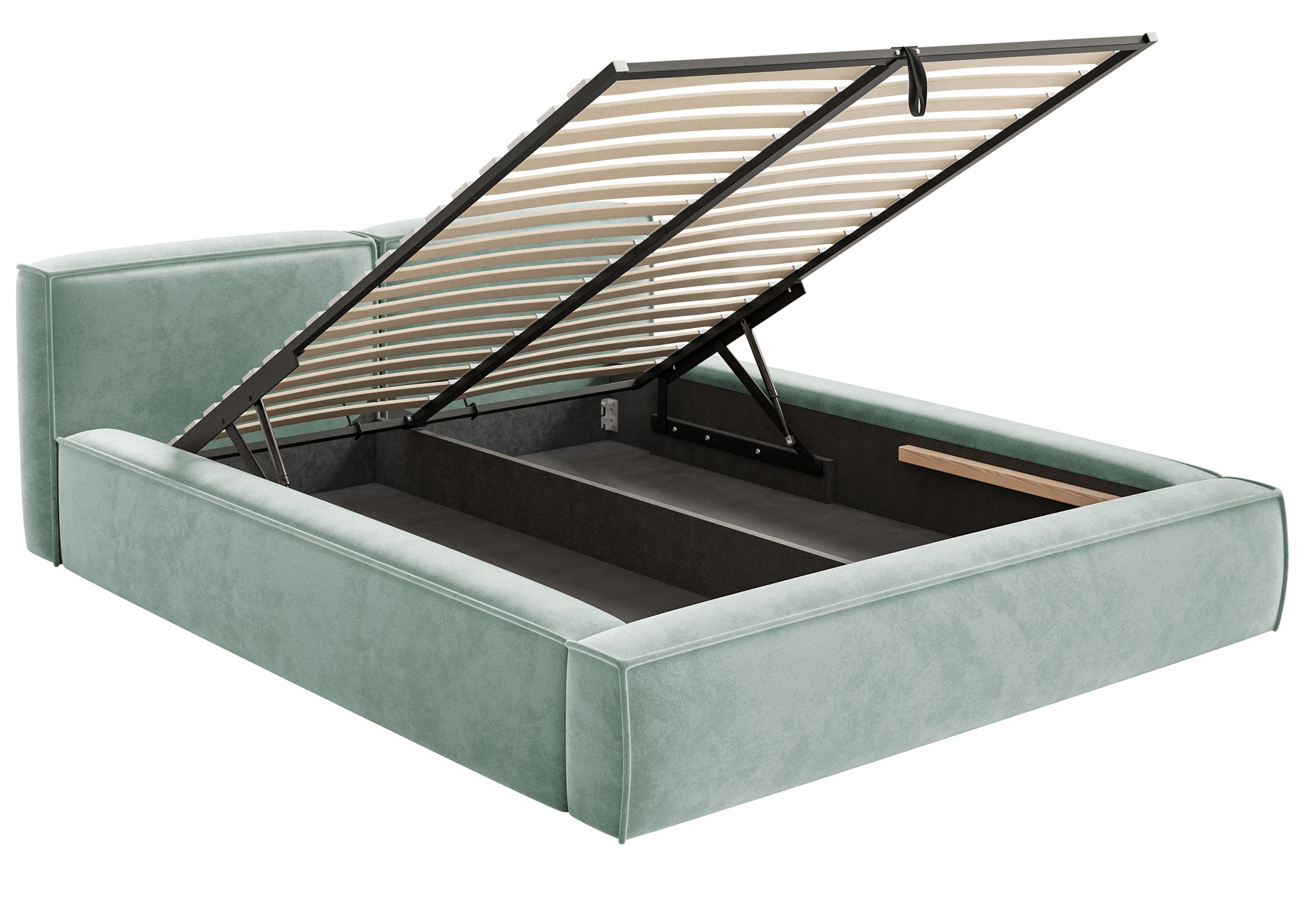 Polsterbett 180x200 cm Tilves Slim Low mit Stauraum, Metallrahmen, salbeigrüner Samt