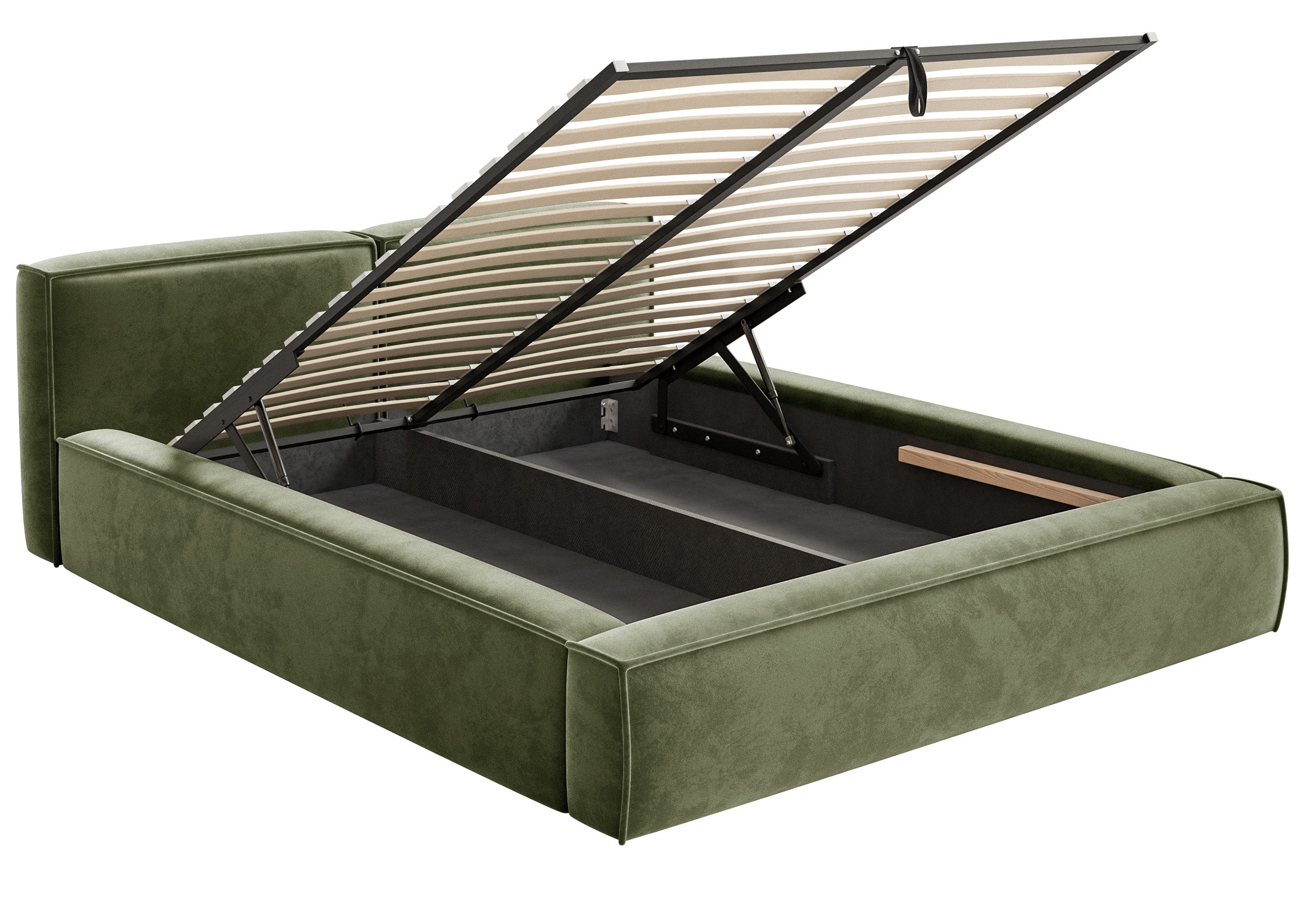 Gepolstertes Bett 160x200 cm Tilves Slim Low mit Stauraum, Metallrahmen, olivgrüner Samt