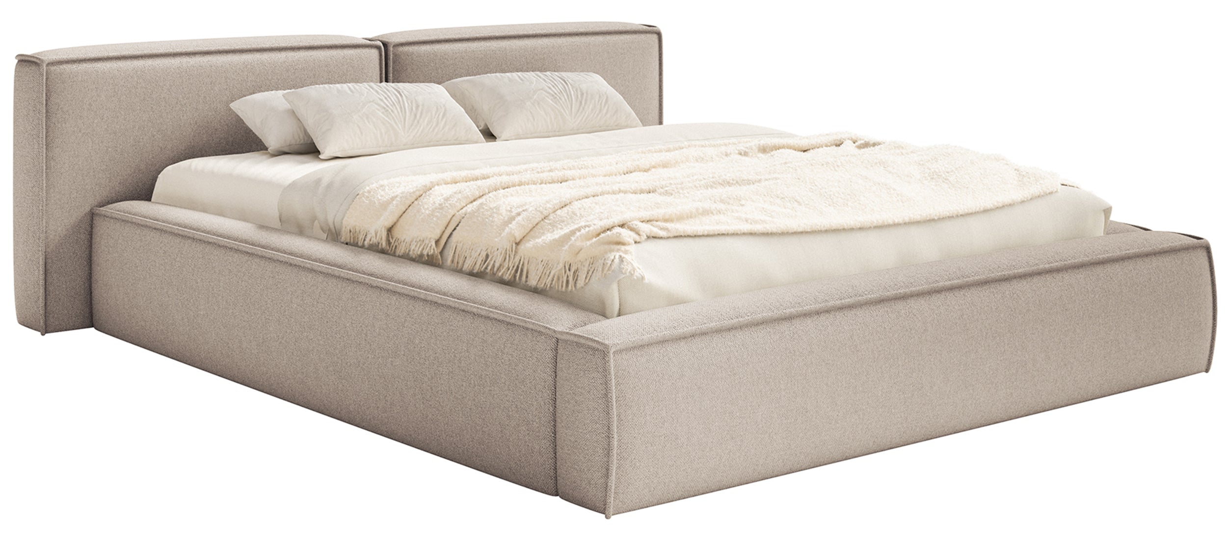 Polsterbett 200x200 cm Tilves Low mit Stauraum, Metallrahmen, beiger Chenille-Stoff