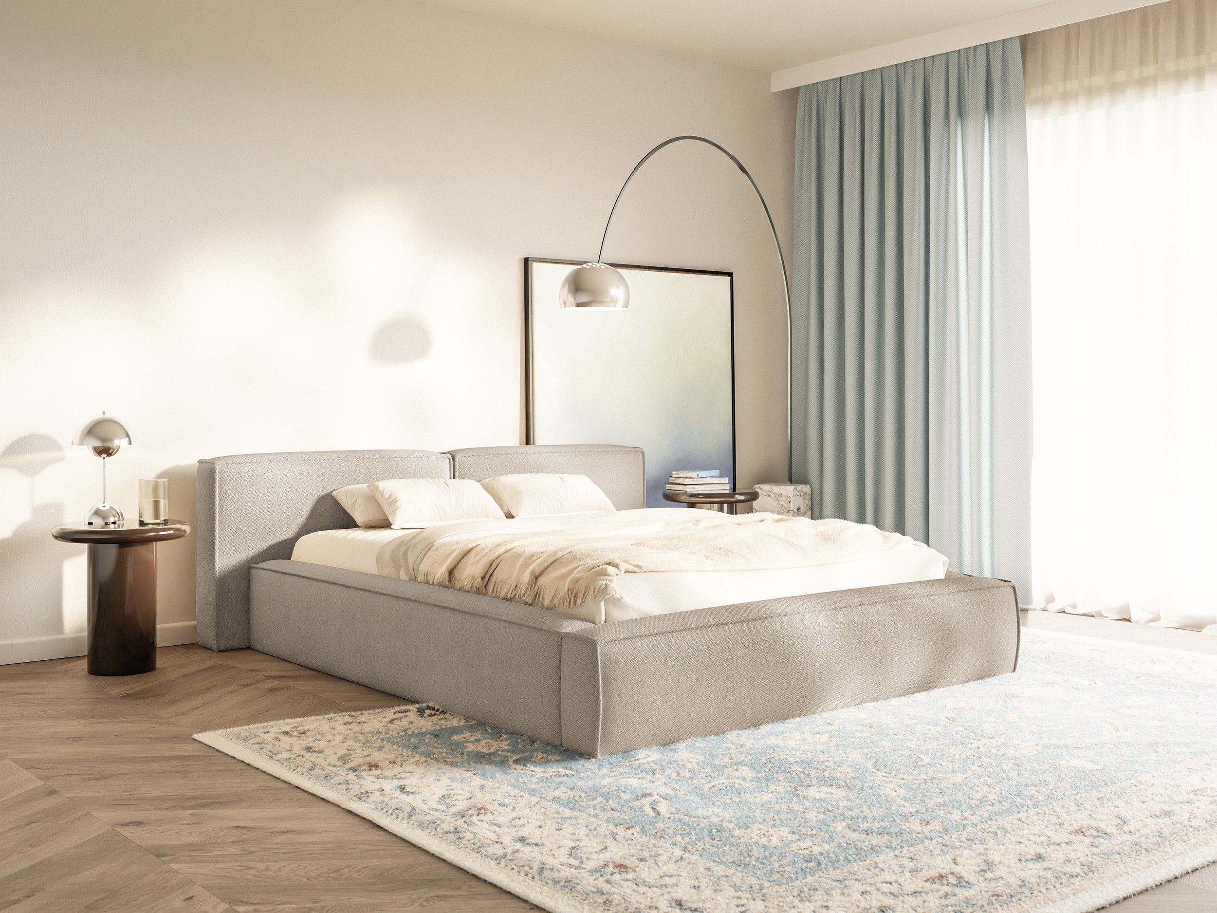 Polsterbett 200x200 cm Tilves Low mit Stauraum, Metallrahmen, beiger Chenille-Stoff