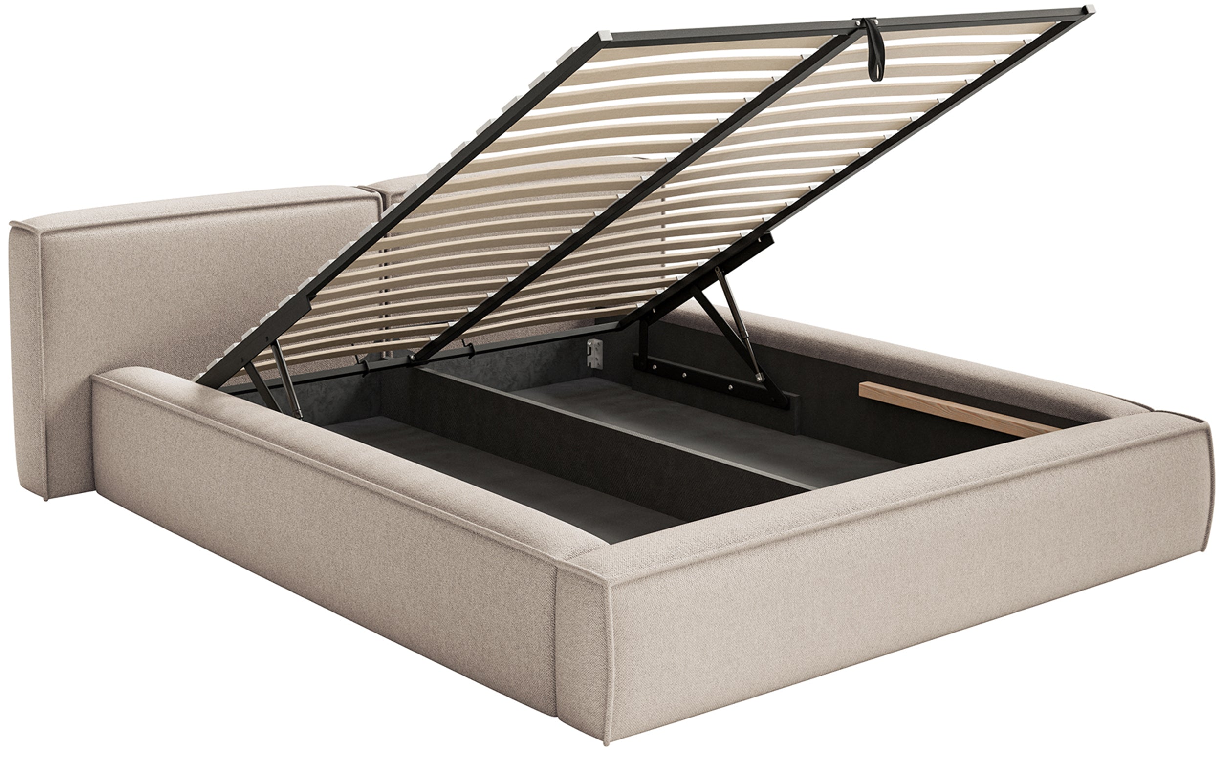 Polsterbett 200x200 cm Tilves Low mit Stauraum, Metallrahmen, beiger Chenille-Stoff