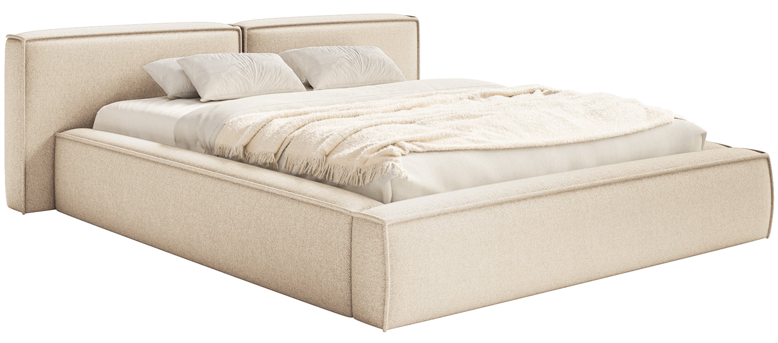 Gepolstertes Bett 160x200 cm Tilves Low mit Stauraum, Metallrahmen, hellbeige Chenille