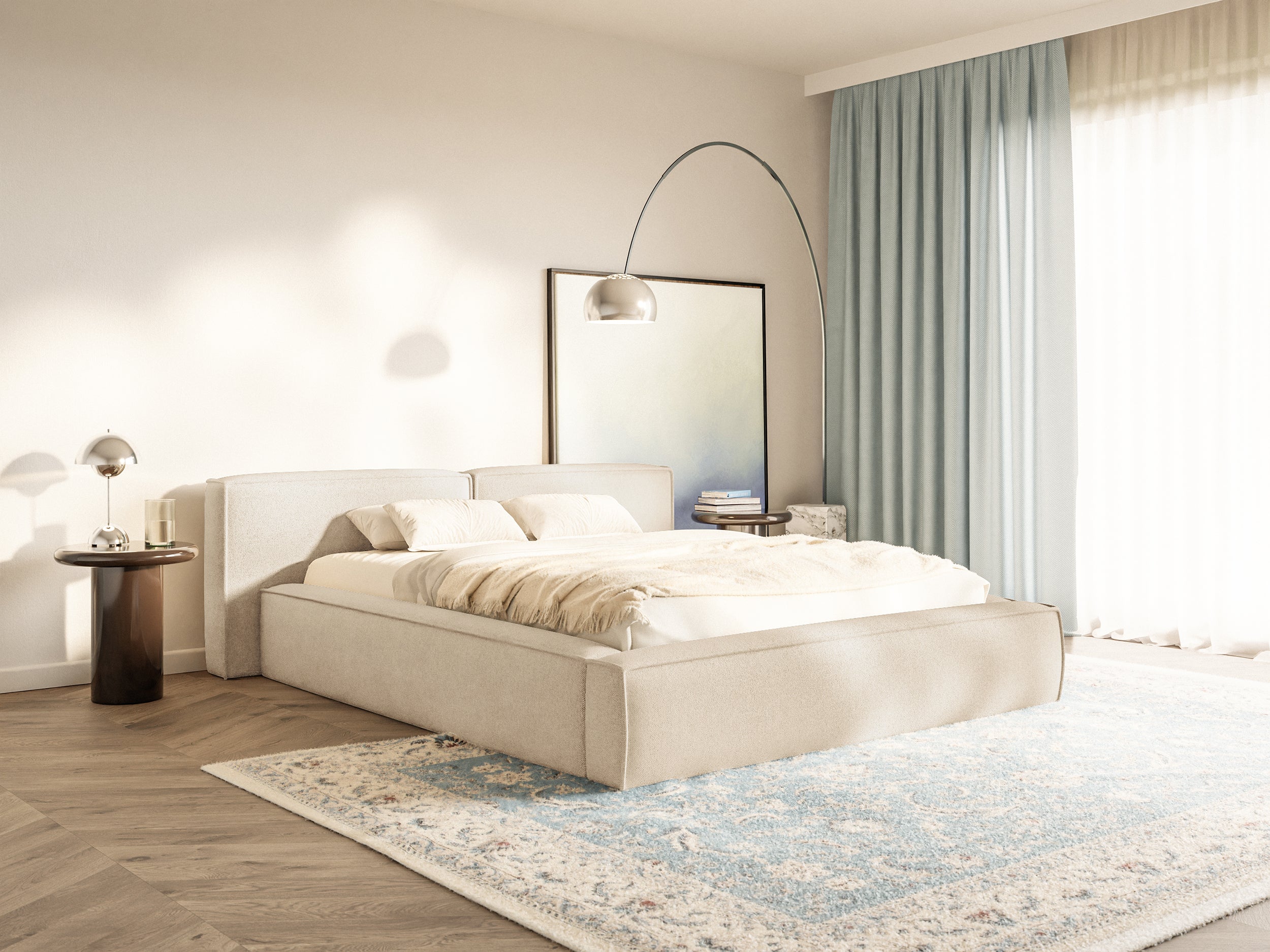 Gepolstertes Bett 160x200 cm Tilves Low mit Stauraum, Metallrahmen, hellbeige Chenille