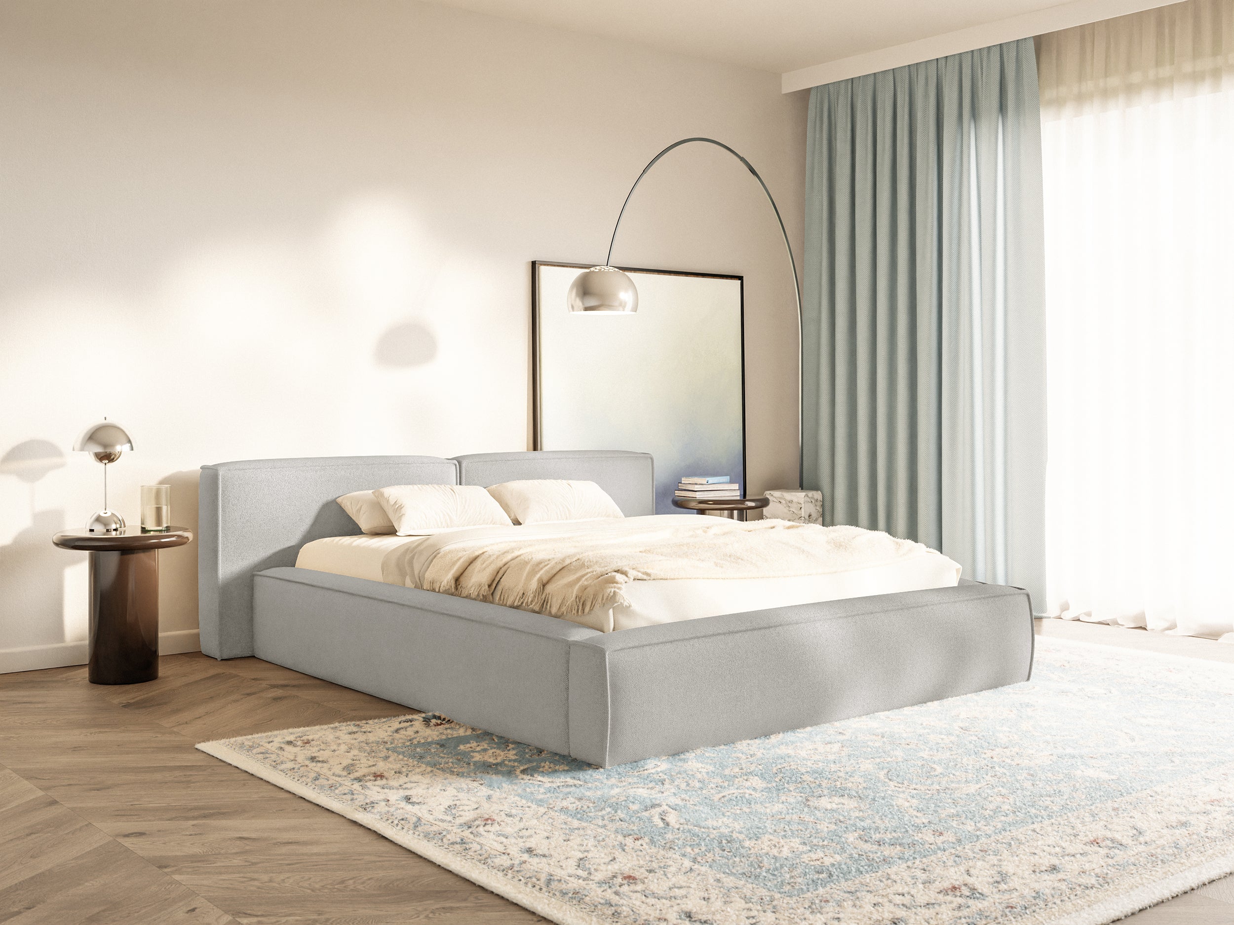 Polsterbett 180x200 cm Tilves Low mit Bettkasten, Metallrahmen, hellgrauer Chenillestoff
