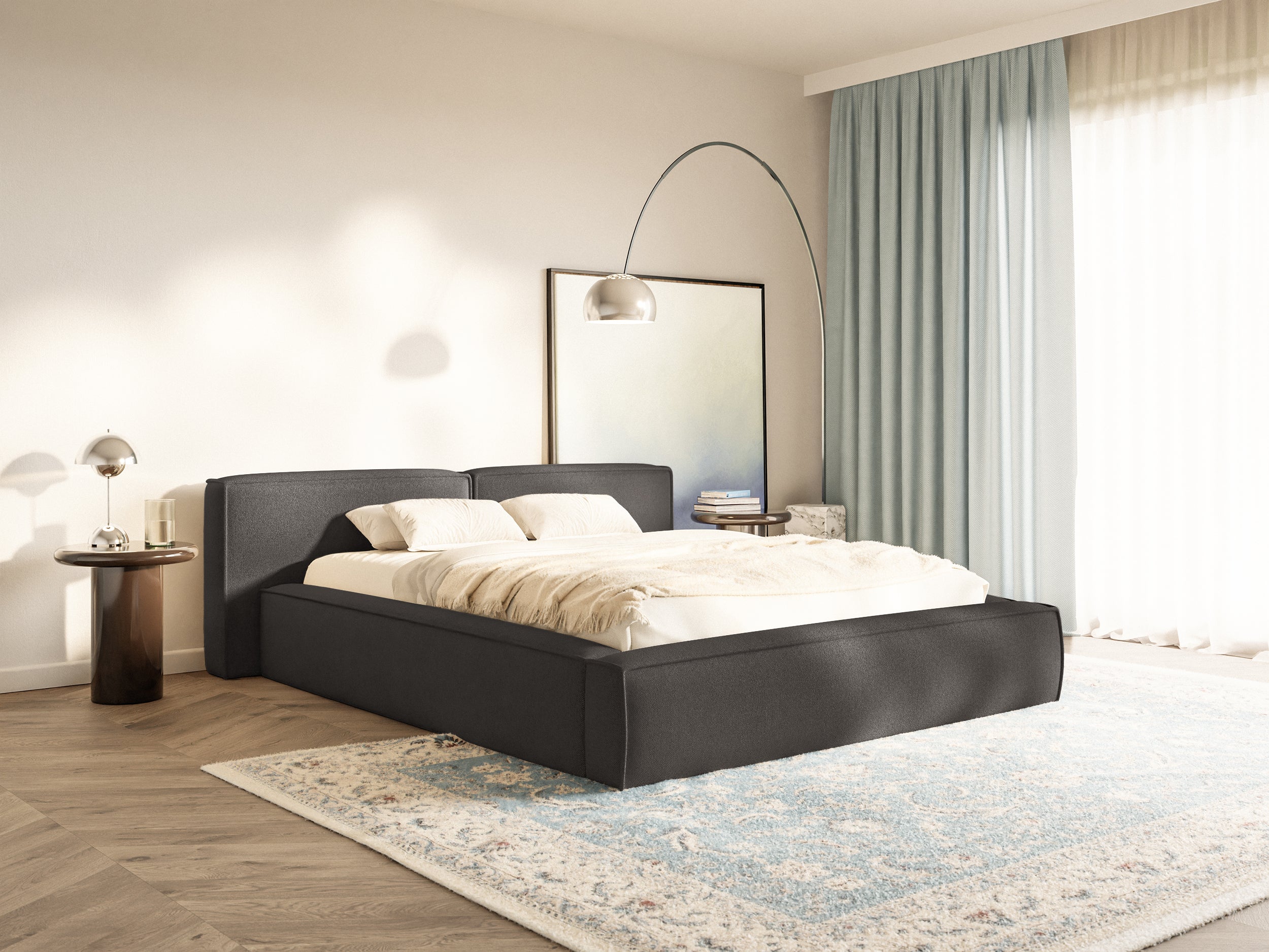 Polsterbett 140x200 cm Tilves Low mit Stauraum, Metallrahmen, graphitfarbenes Chenille