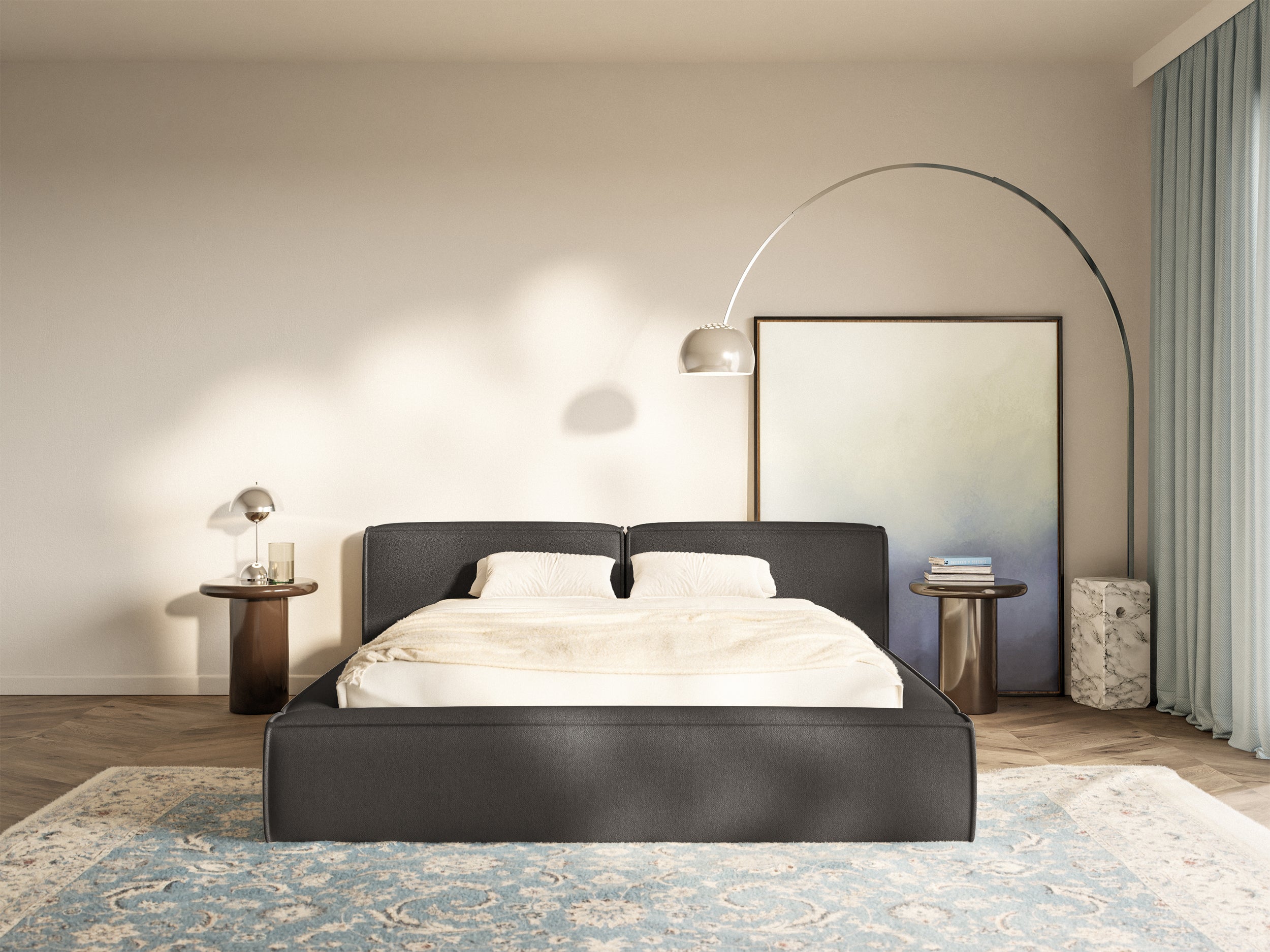 Polsterbett 140x200 cm Tilves Low mit Stauraum, Metallrahmen, graphitfarbenes Chenille