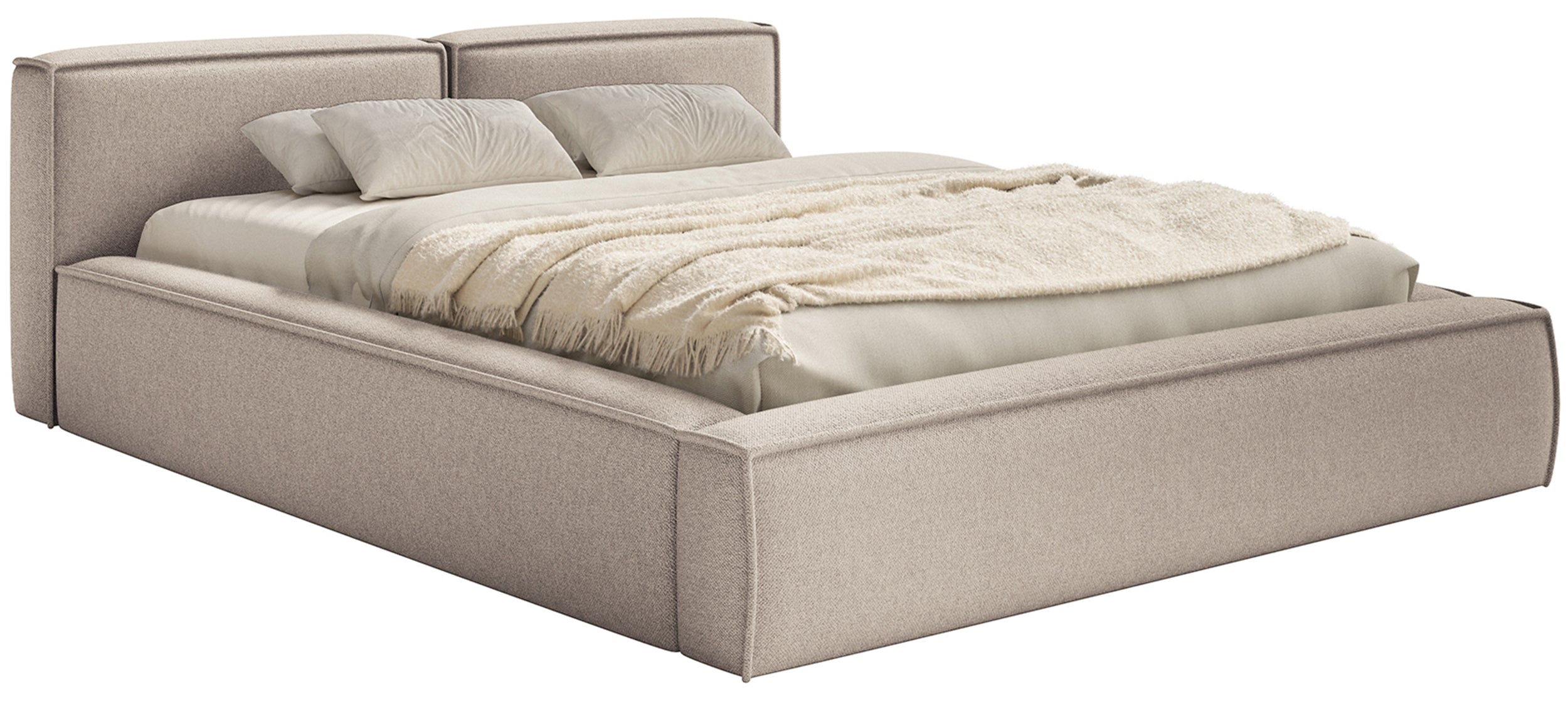 Polsterbett 200x200 cm Tilves Slim Low mit Stauraum, Metallrahmen, beige Chenille