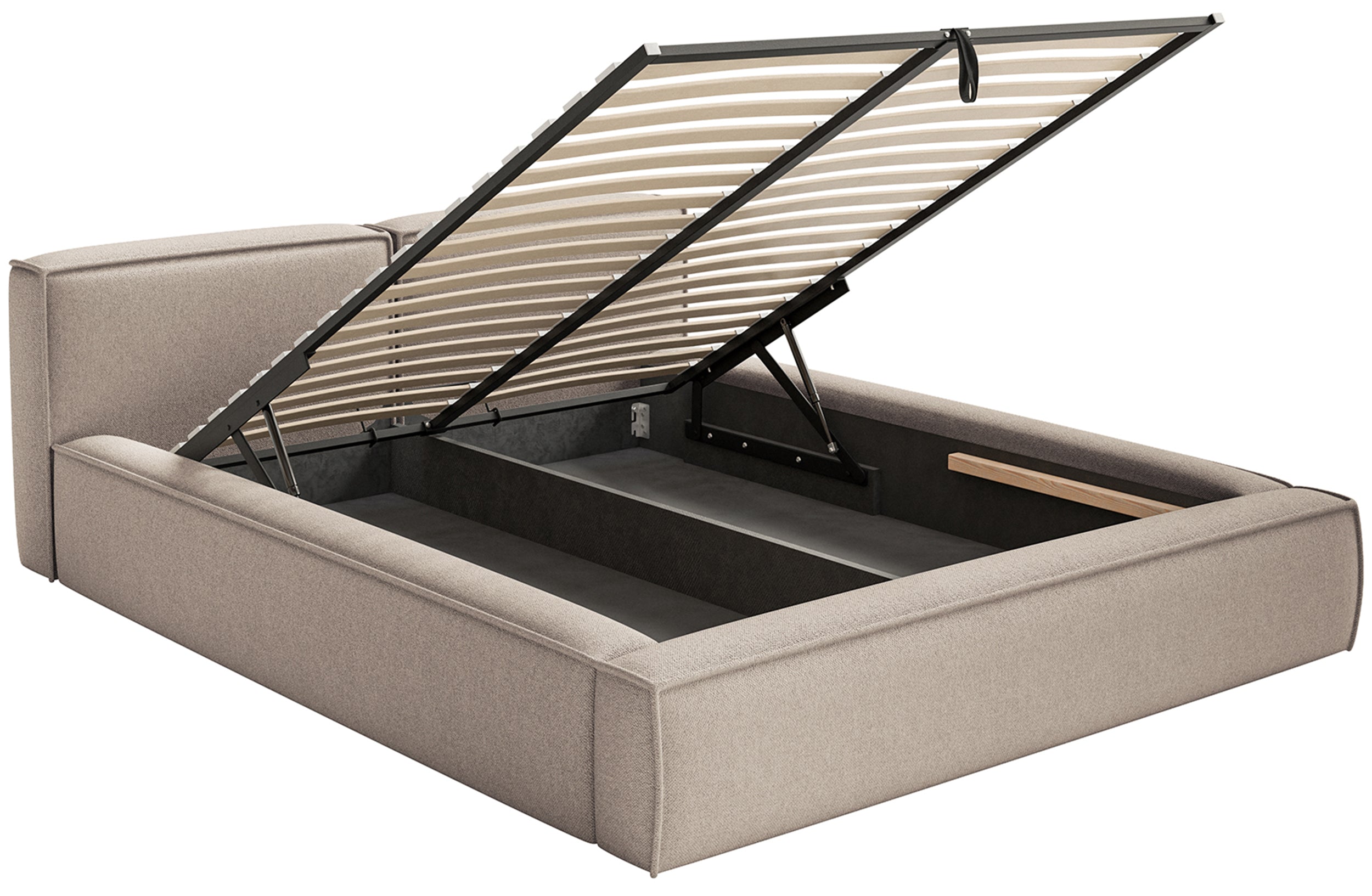 Polsterbett 200x200 cm Tilves Slim Low mit Stauraum, Metallrahmen, beige Chenille