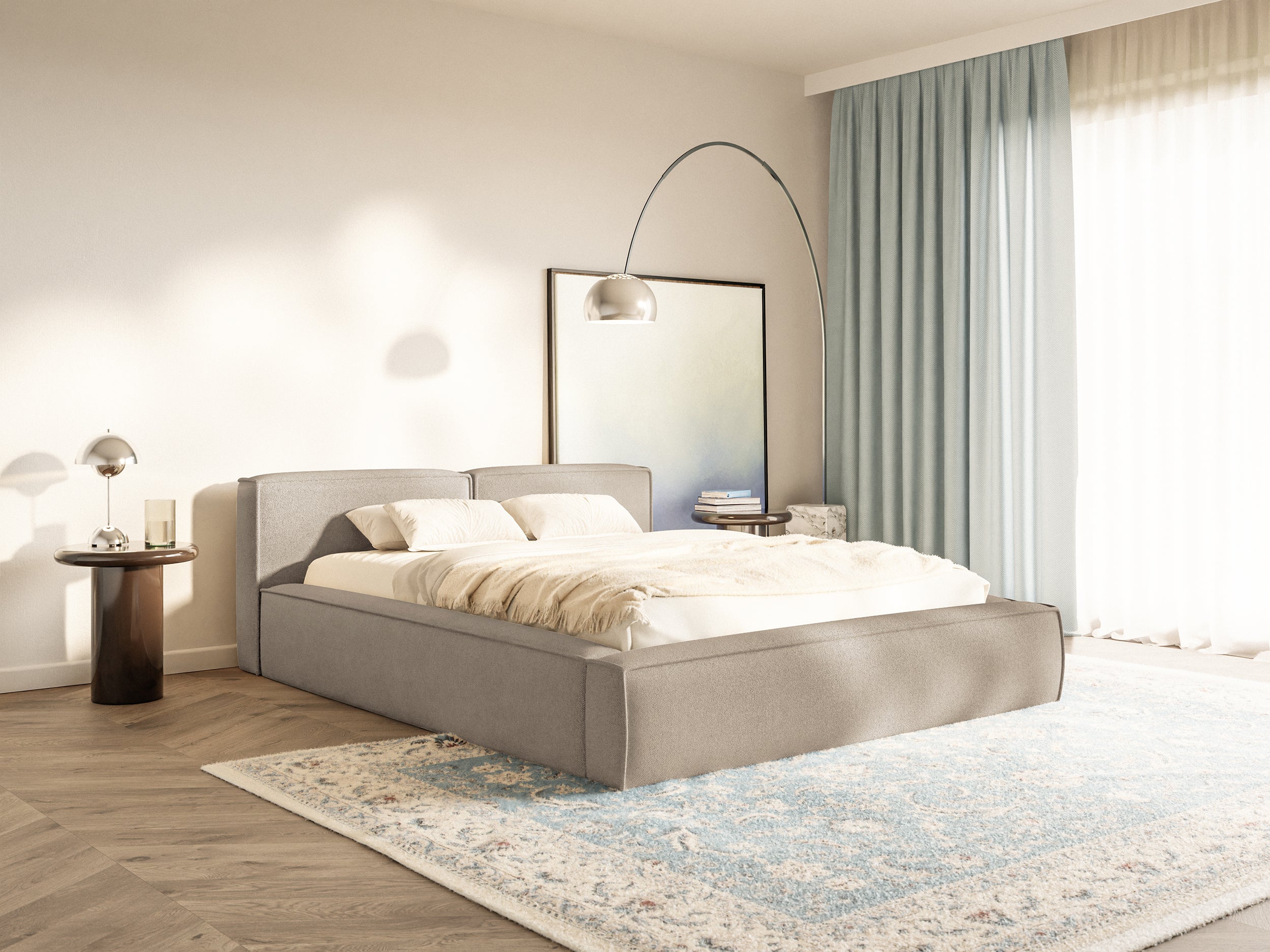 Polsterbett 200x200 cm Tilves Slim Low mit Stauraum, Metallrahmen, beige Chenille