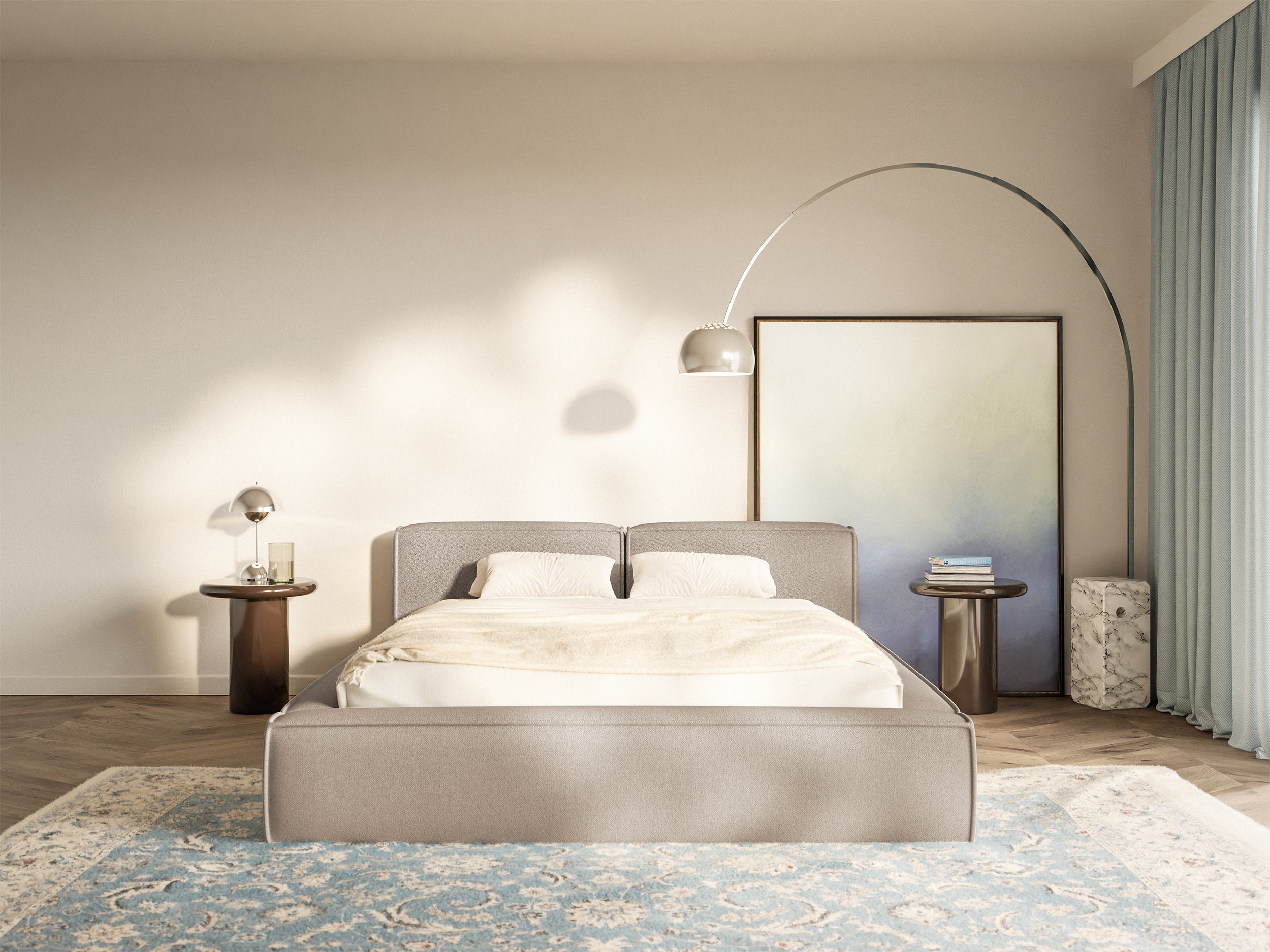 Polsterbett 200x200 cm Tilves Slim Low mit Stauraum, Metallrahmen, beige Chenille