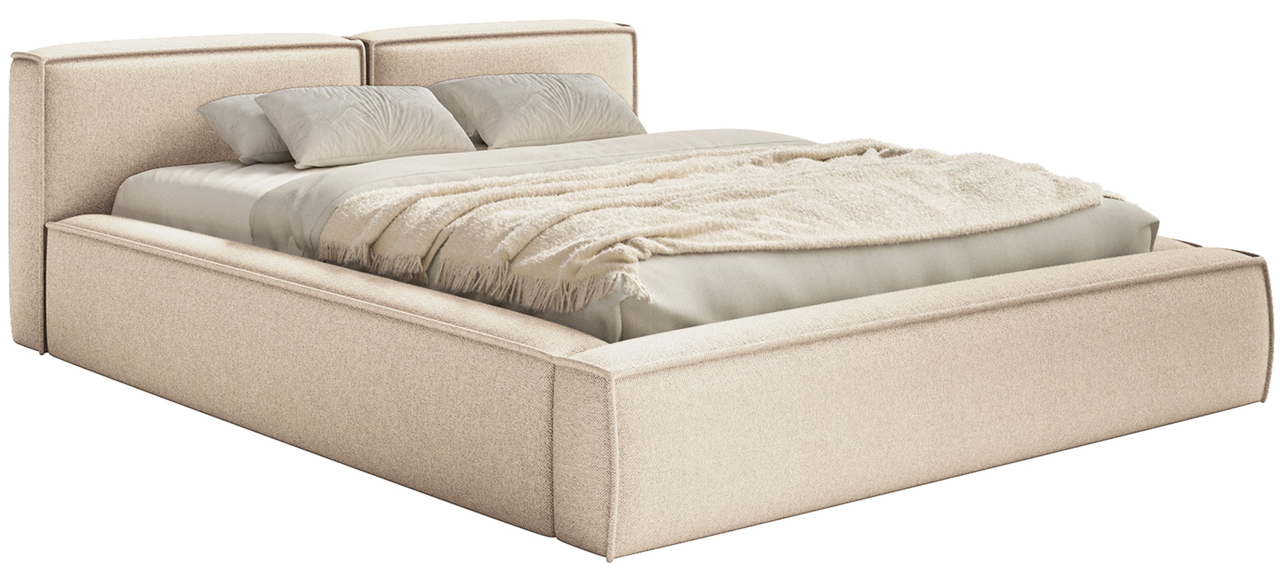 Gepolstertes Bett 200x200 cm Tilves Slim Low mit Stauraum, Metallrahmen, hellbeiger Chenille